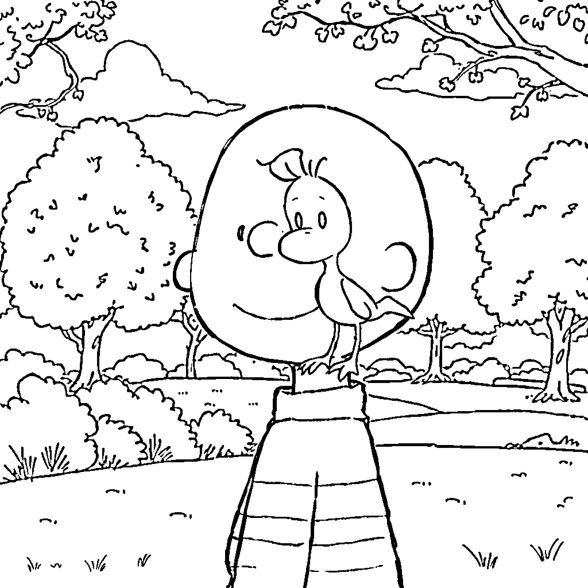 Woodstock character in serene nature setting Coloring Page (free black-and-white line drawing printable PDF for all, from beginners to advanced learners, including children, teens, adults, and seniors)
