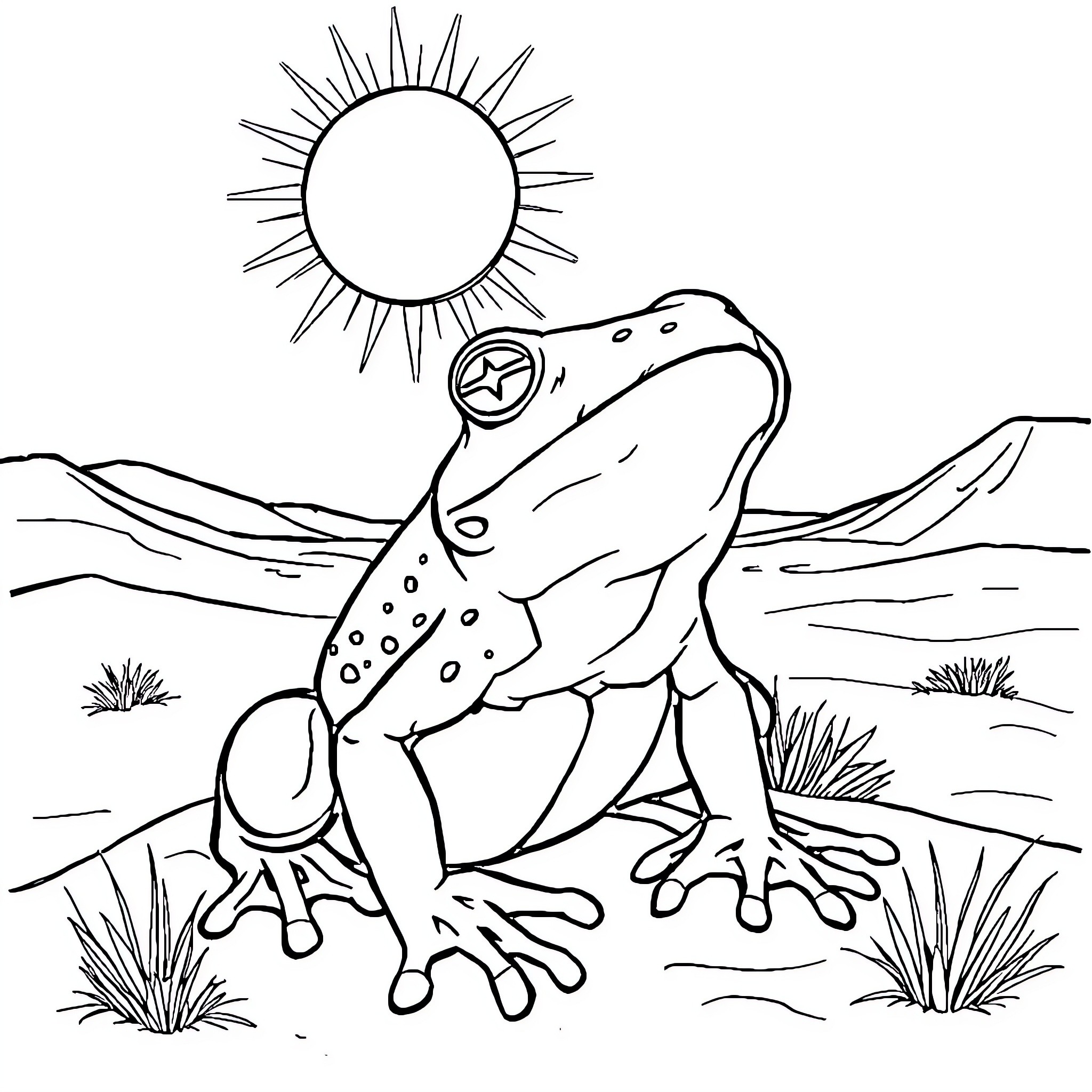 Frog basking under the sun on a grassy landscape Coloring Page (free black-and-white line drawing printable PDF for all, from beginners to advanced learners, including children, teens, adults, and seniors)