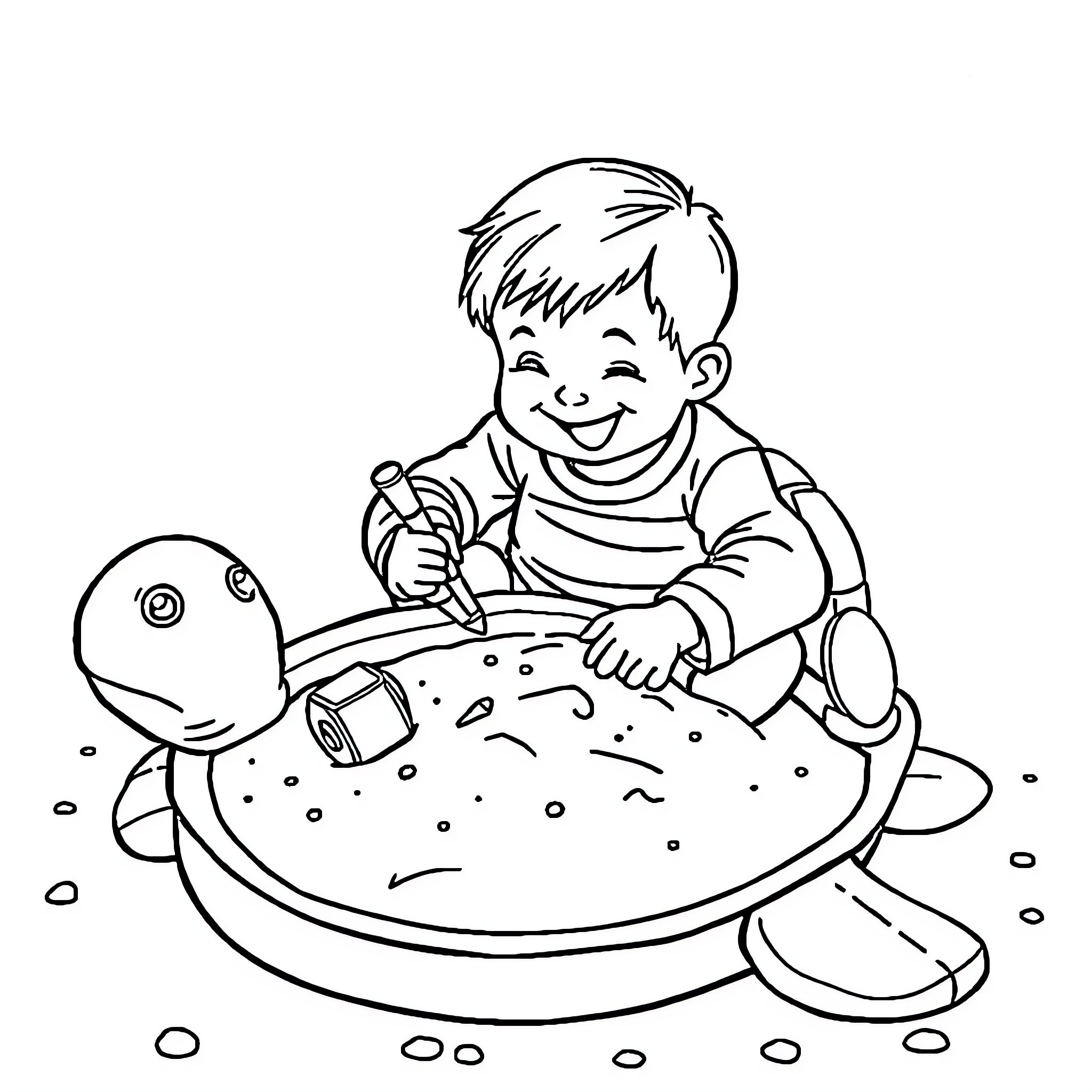 Kid playing happily in water with toy Coloring Page (free black-and-white line drawing printable PDF for all, from beginners to advanced learners, including children, teens, adults, and seniors)