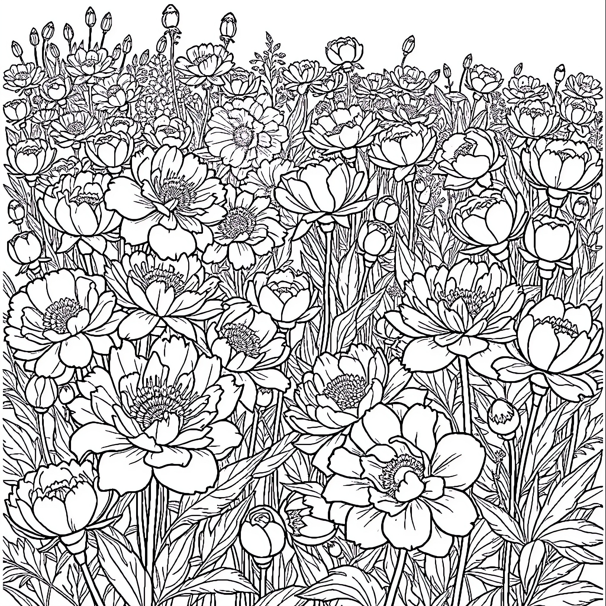 Peony Flowers in Bloom Coloring Page (free black-and-white line drawing printable PDF for all, from beginners to advanced learners, including children, teens, adults, and seniors)