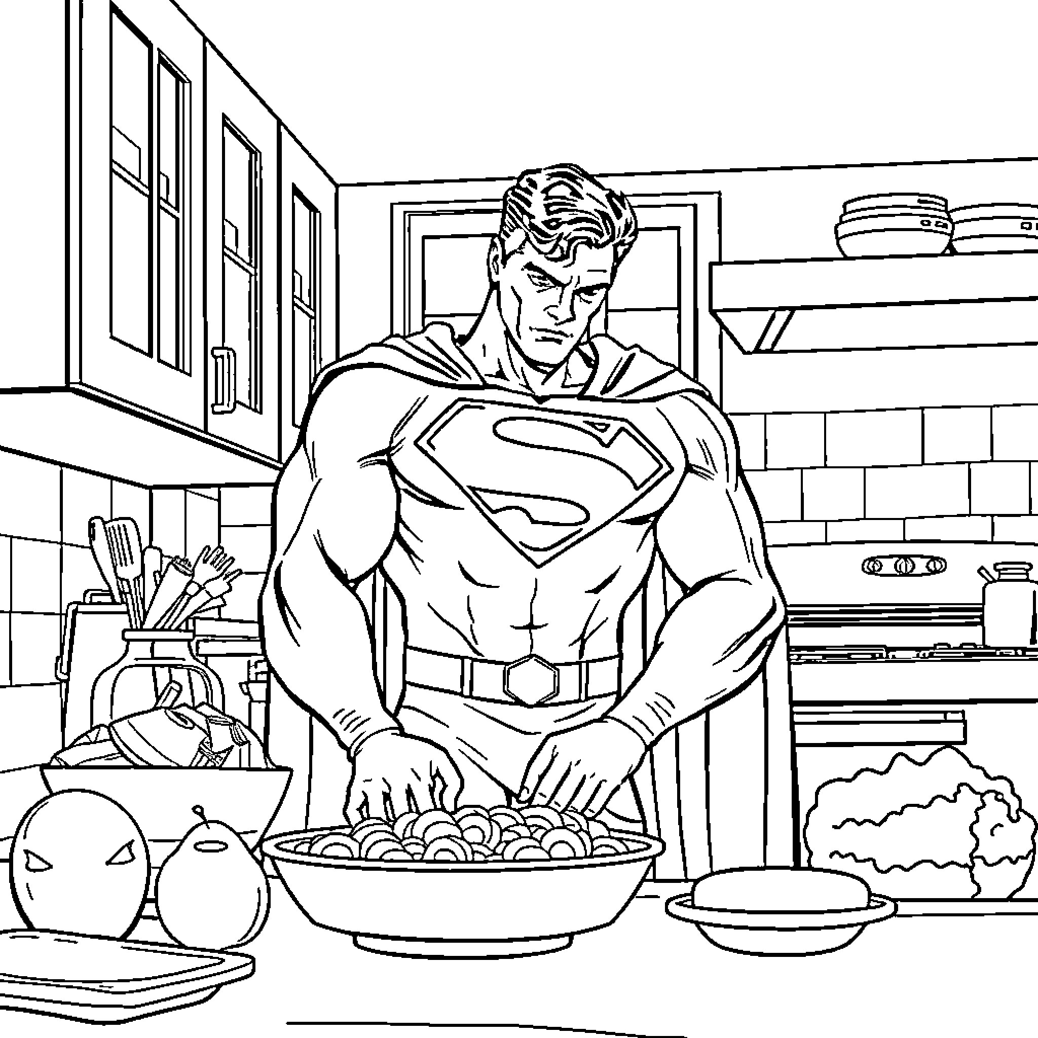 Superman preparing a healthy meal in the kitchen Coloring Page (free black-and-white line drawing printable PDF for all, from beginners to advanced learners, including children, teens, adults, and seniors)