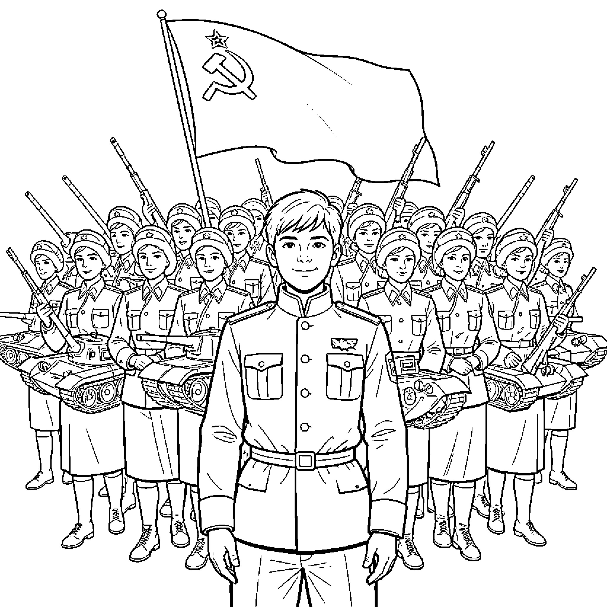 Soviet Teenager Surrounded by Uniformed Comrades and Military Vehicles Coloring Page (free black-and-white line drawing printable PDF for all, from beginners to advanced learners, including children, teens, adults, and seniors)