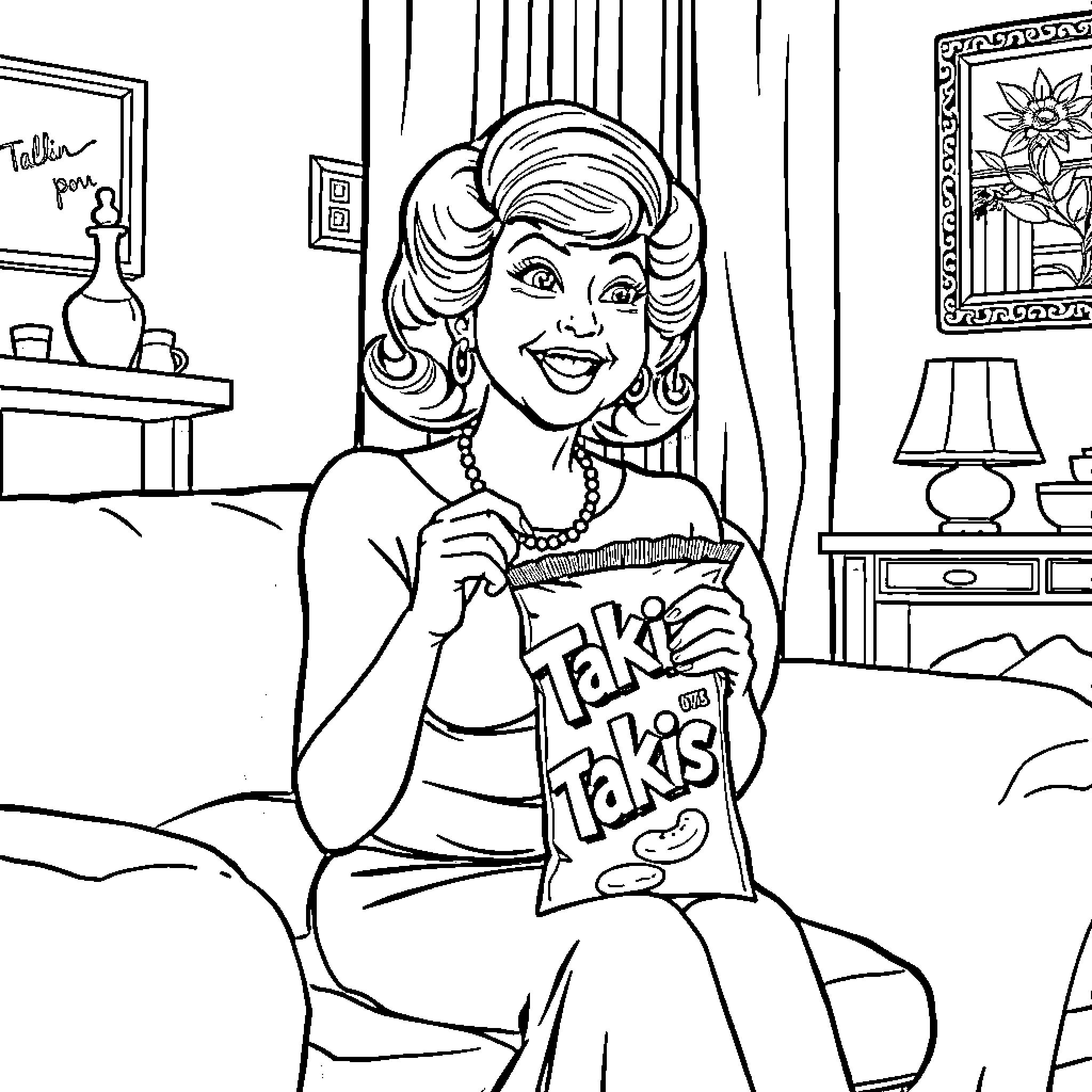Sophia enjoying a snack in her cozy home Coloring Page (free black-and-white line drawing printable PDF for all, from beginners to advanced learners, including children, teens, adults, and seniors)