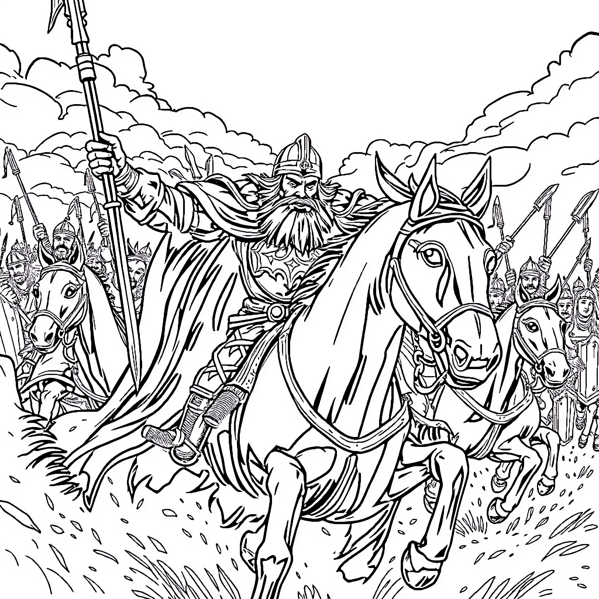 Vlad Tepes Leading a Valiant Army into Battle Coloring Page (free black-and-white line drawing printable PDF for all, from beginners to advanced learners, including children, teens, adults, and seniors)
