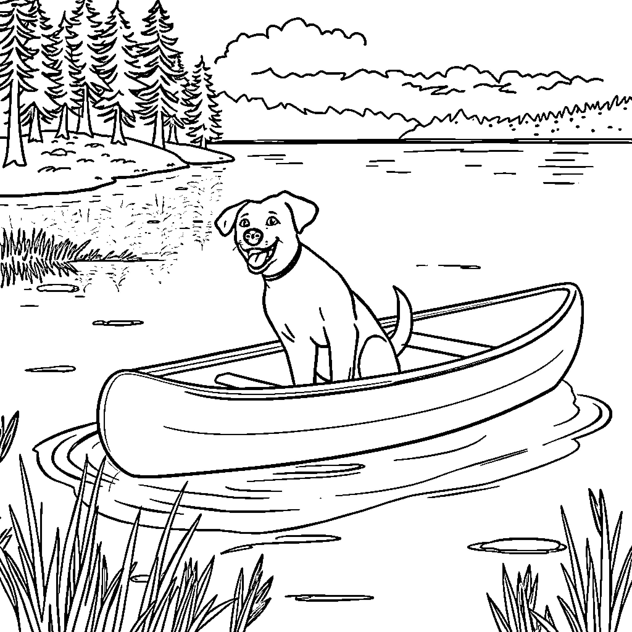 Dog enjoying a boat ride in the lake Coloring Page (free black-and-white line drawing printable PDF for all, from beginners to advanced learners, including children, teens, adults, and seniors)