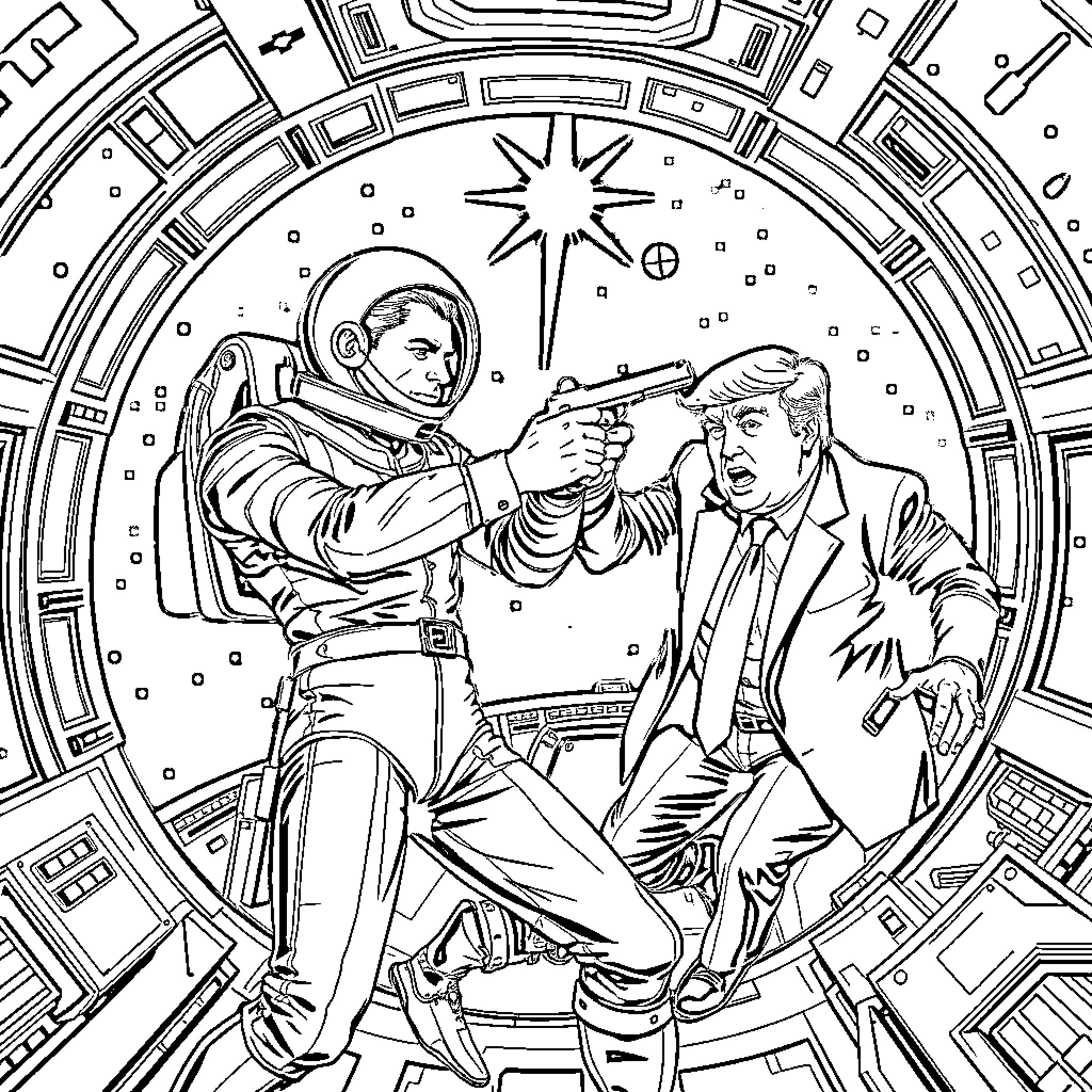 James Bond in a Galactic Standoff Coloring Page (free black-and-white line drawing printable PDF for all, from beginners to advanced learners, including children, teens, adults, and seniors)