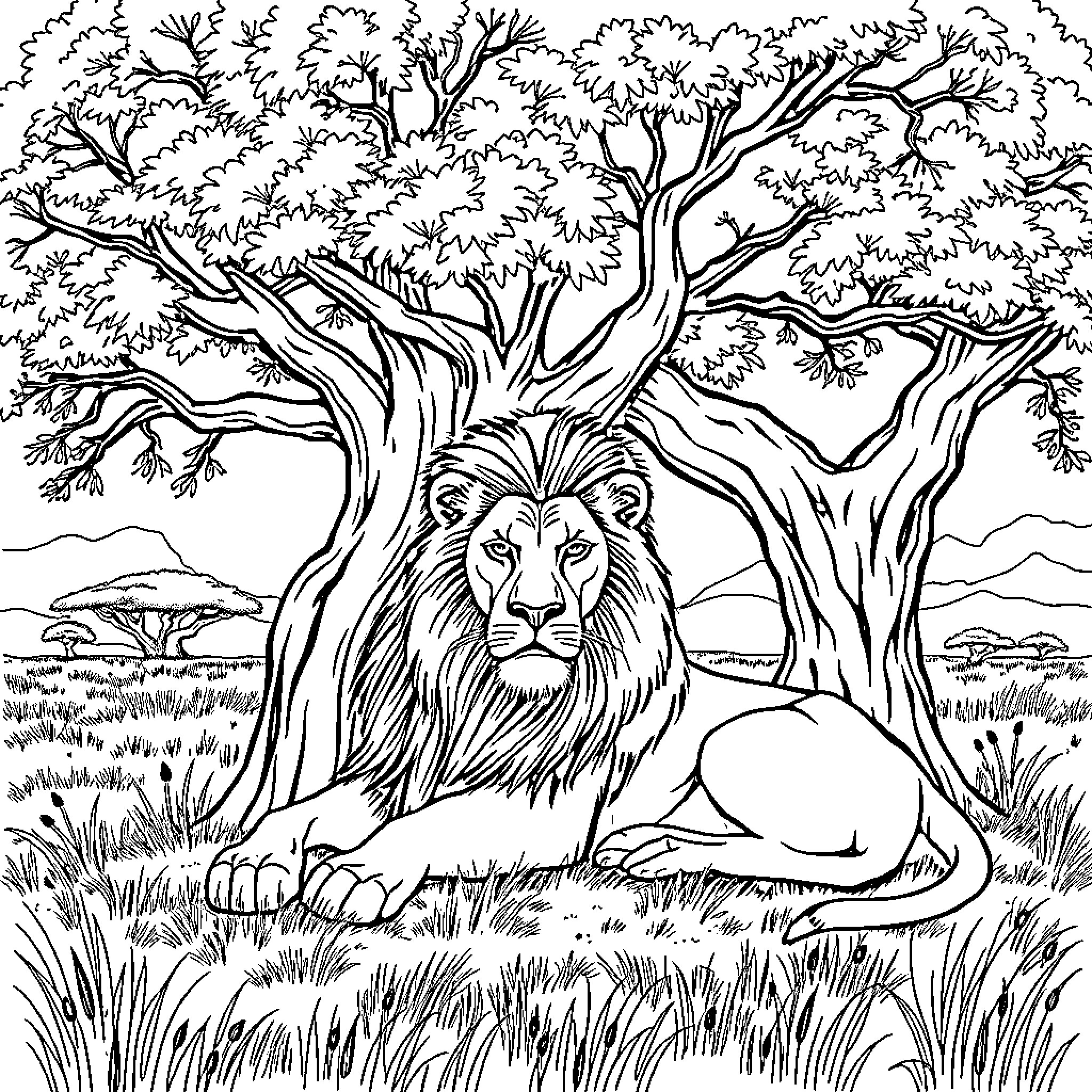 Lion in a Serene Wilderness Landscape Coloring Page (free black-and-white line drawing printable PDF for all, from beginners to advanced learners, including children, teens, adults, and seniors)