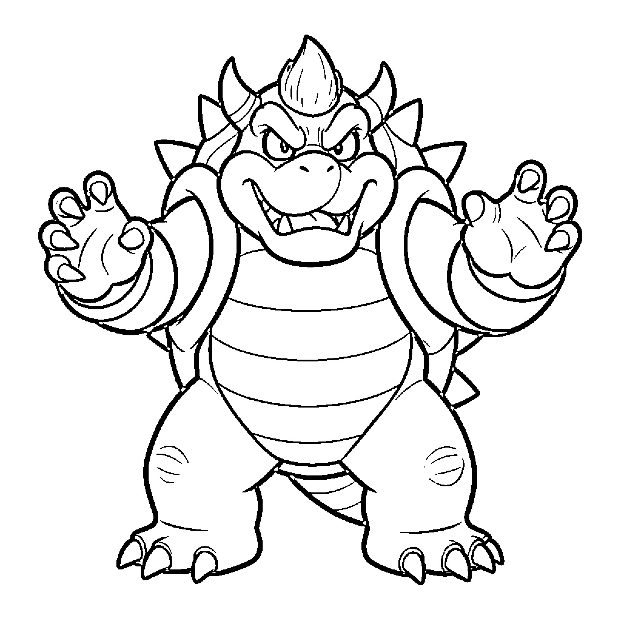 Bowser roaring with claws outstretched in a powerful stance Coloring Page (free black-and-white line drawing printable PDF for all, from beginners to advanced learners, including children, teens, adults, and seniors)