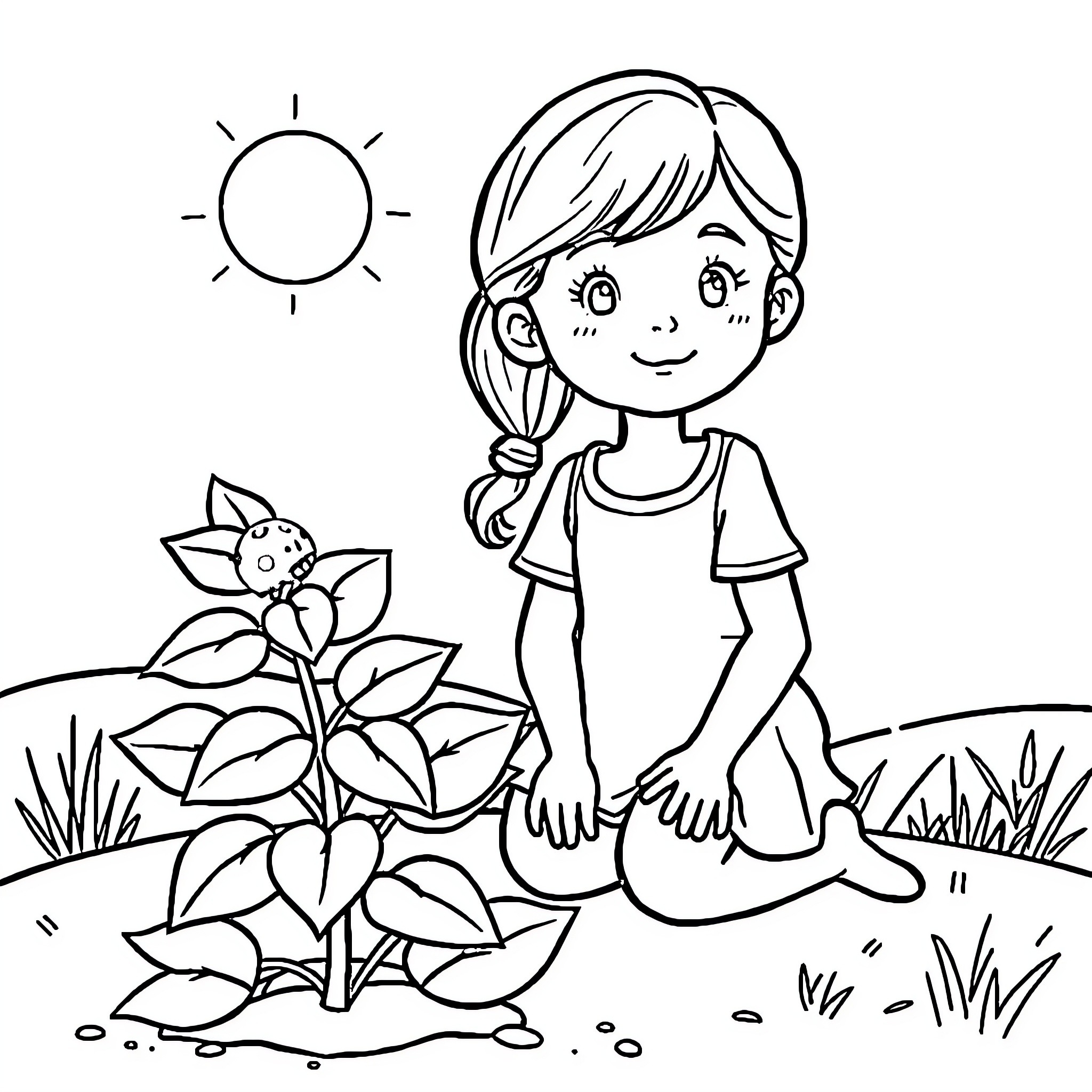 Girl exploring nature in the garden Coloring Page (free black-and-white line drawing printable PDF for all, from beginners to advanced learners, including children, teens, adults, and seniors)
