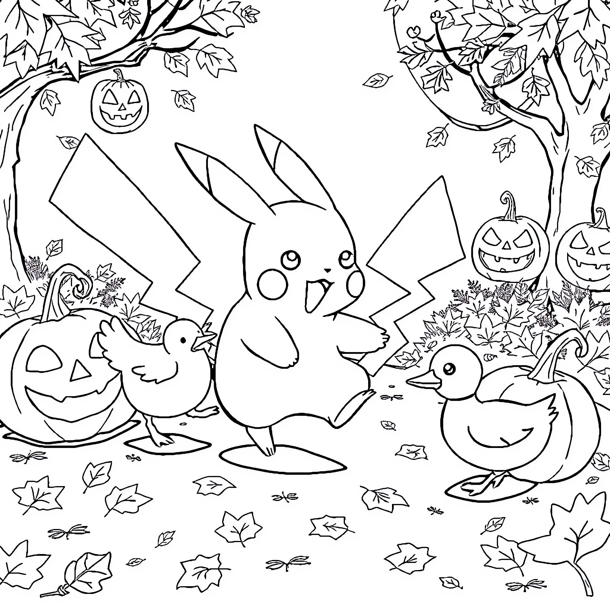 Pikachu and Halloween Friends in the Autumn Forest Coloring Page (free black-and-white line drawing printable PDF for all, from beginners to advanced learners, including children, teens, adults, and seniors)