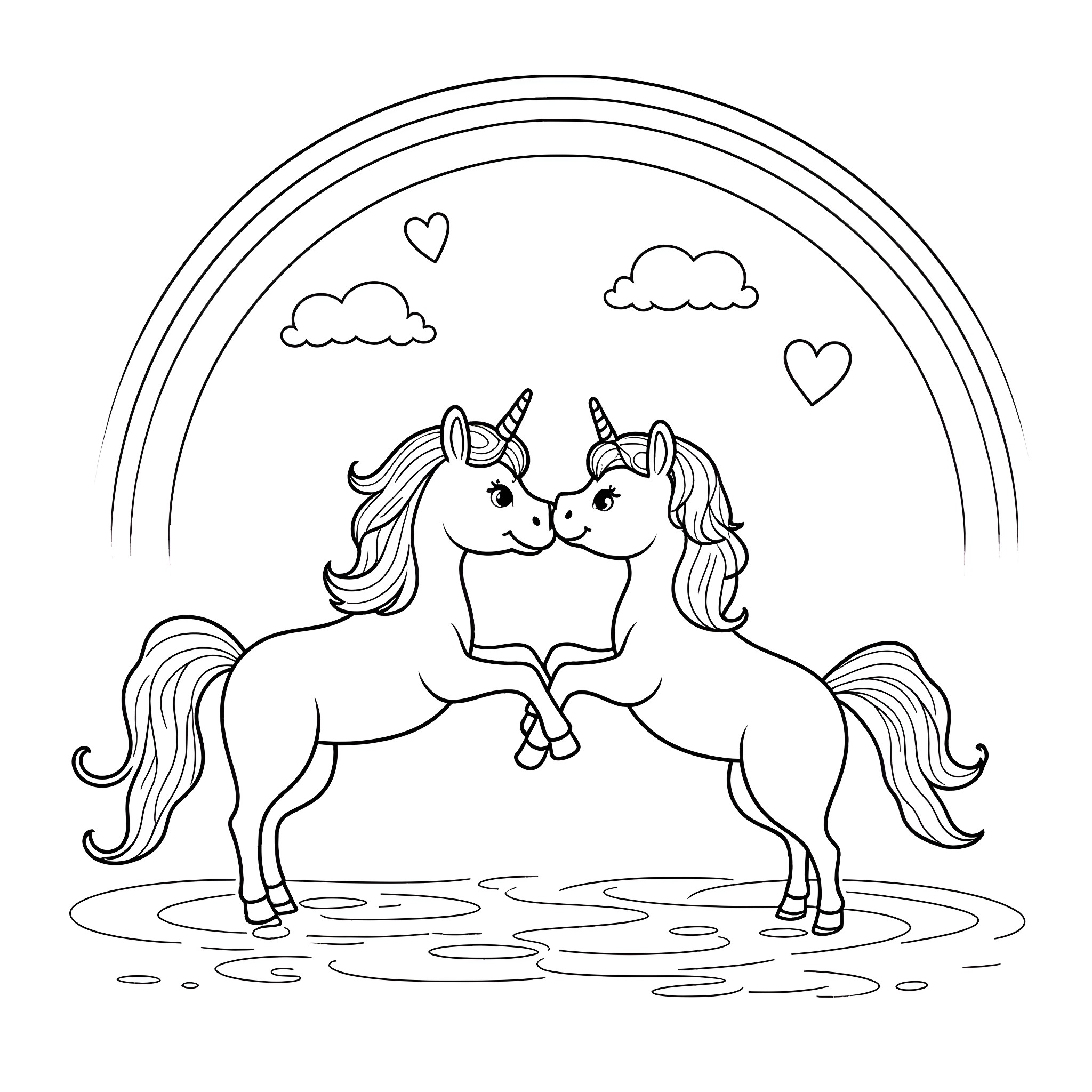 Pony unicorns in love under rainbow Coloring Page (free black-and-white line drawing printable PDF for all, from beginners to advanced learners, including children, teens, adults, and seniors)