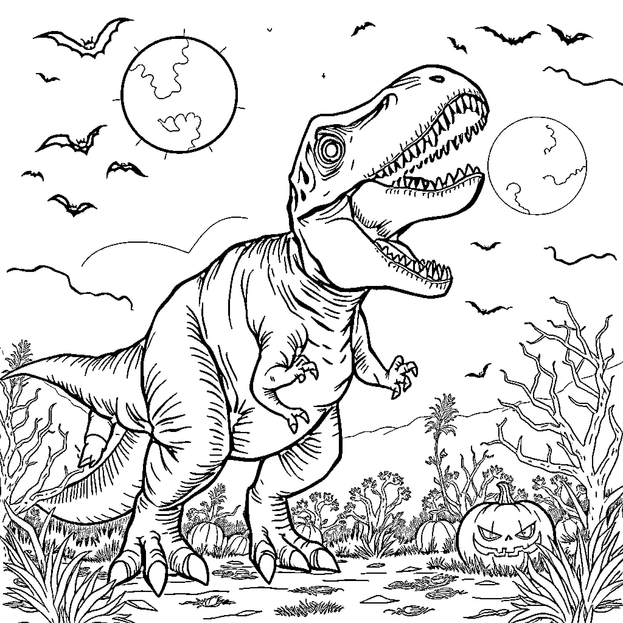 T-Rex Stalking in a Haunting Halloween Landscape Coloring Page (free black-and-white line drawing printable PDF for all, from beginners to advanced learners, including children, teens, adults, and seniors)