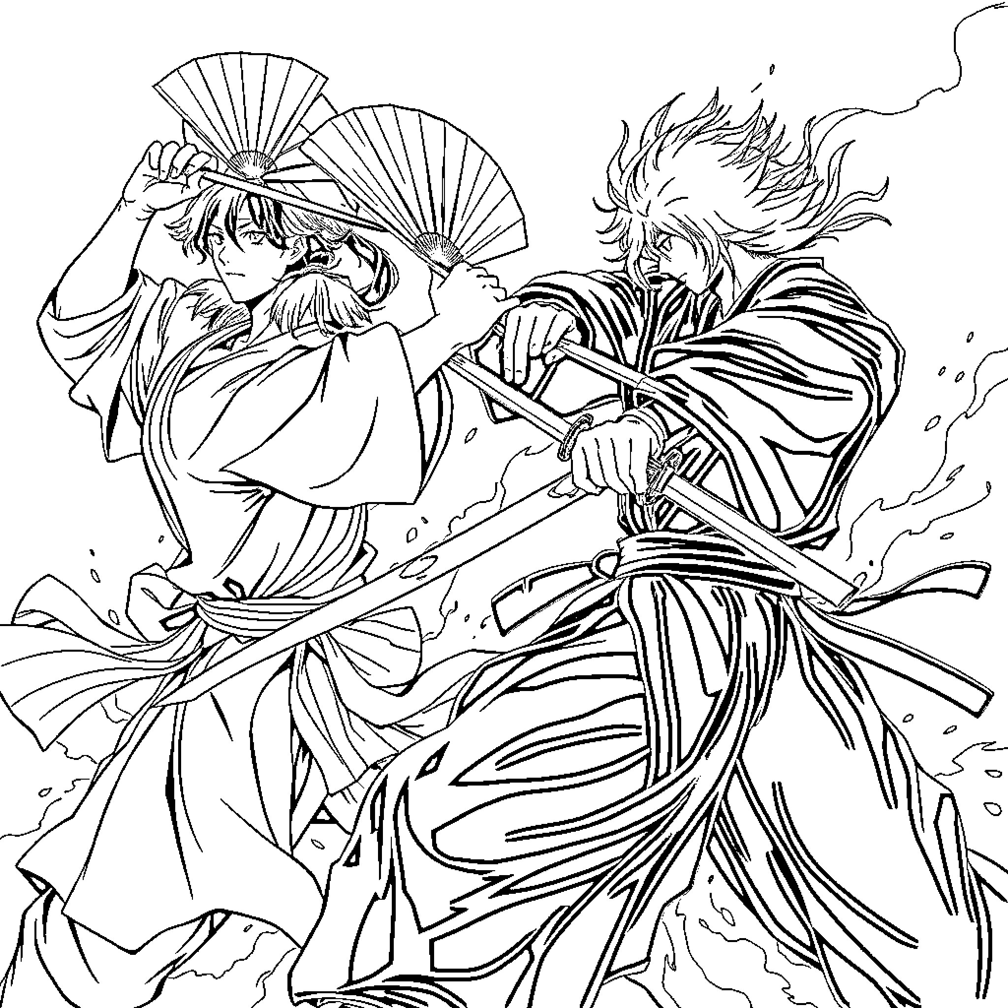 Character Engaged in Dramatic Sword Fight Coloring Page (free black-and-white line drawing printable PDF for all, from beginners to advanced learners, including children, teens, adults, and seniors)