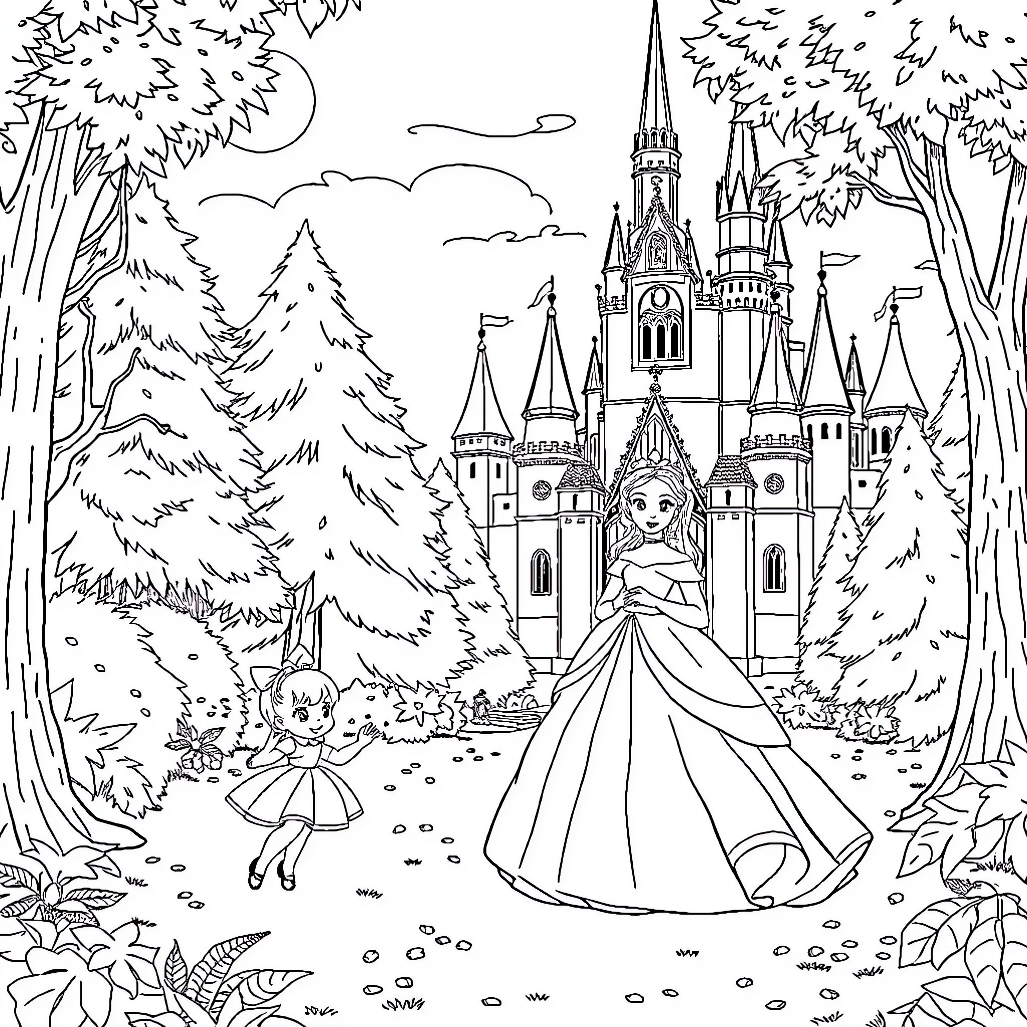 Cinderella's Adventure in the Royal Castle Gardens Coloring Page (free black-and-white line drawing printable PDF for all, from beginners to advanced learners, including children, teens, adults, and seniors)