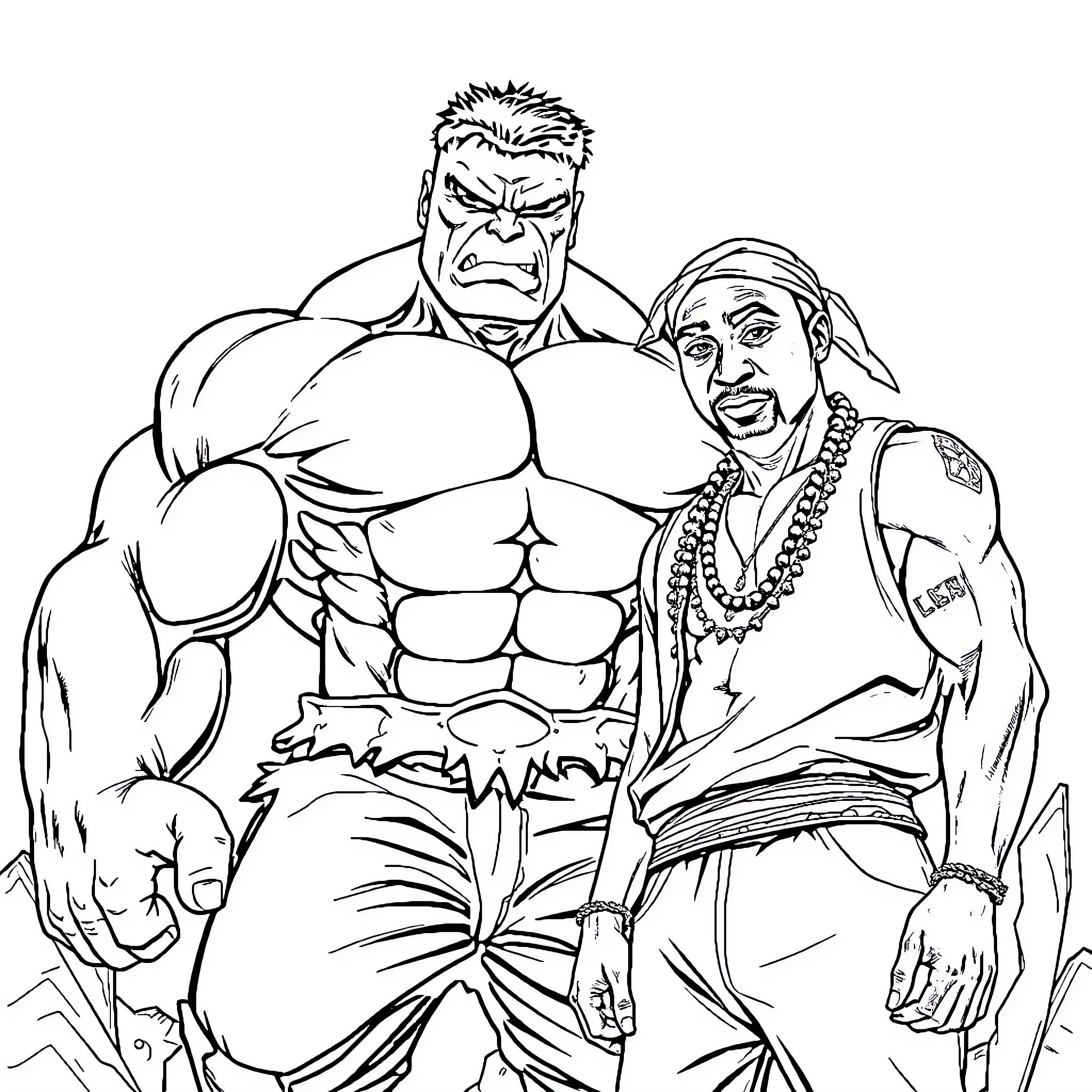 Hulk and Rappers' Intense Confrontation Coloring Page (free black-and-white line drawing printable PDF for all, from beginners to advanced learners, including children, teens, adults, and seniors)