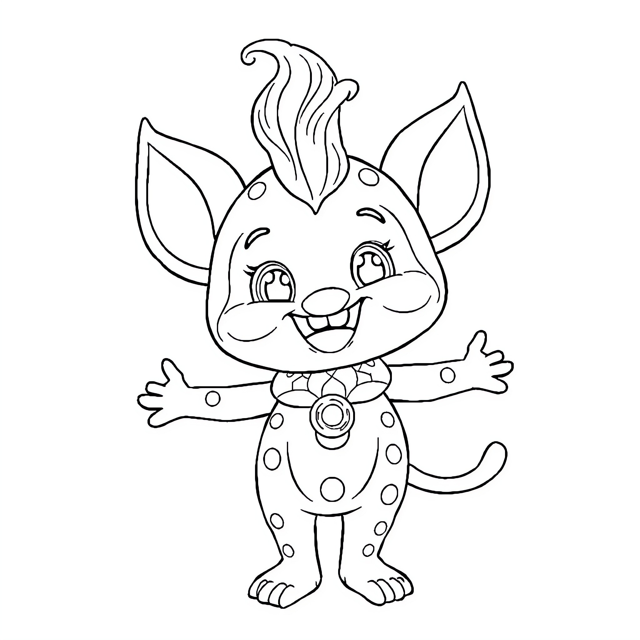 Labubu's Cheerful Spotted Creature Coloring Page (free black-and-white line drawing printable PDF for all, from beginners to advanced learners, including children, teens, adults, and seniors)