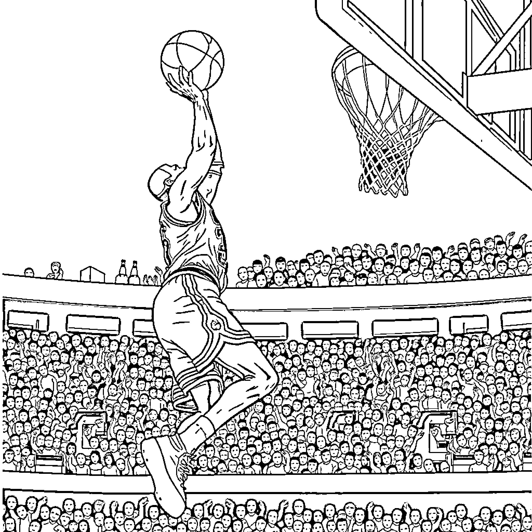 Michael Jordan Dunking at Basketball Game Coloring Page (free black-and-white line drawing printable PDF for all, from beginners to advanced learners, including children, teens, adults, and seniors)