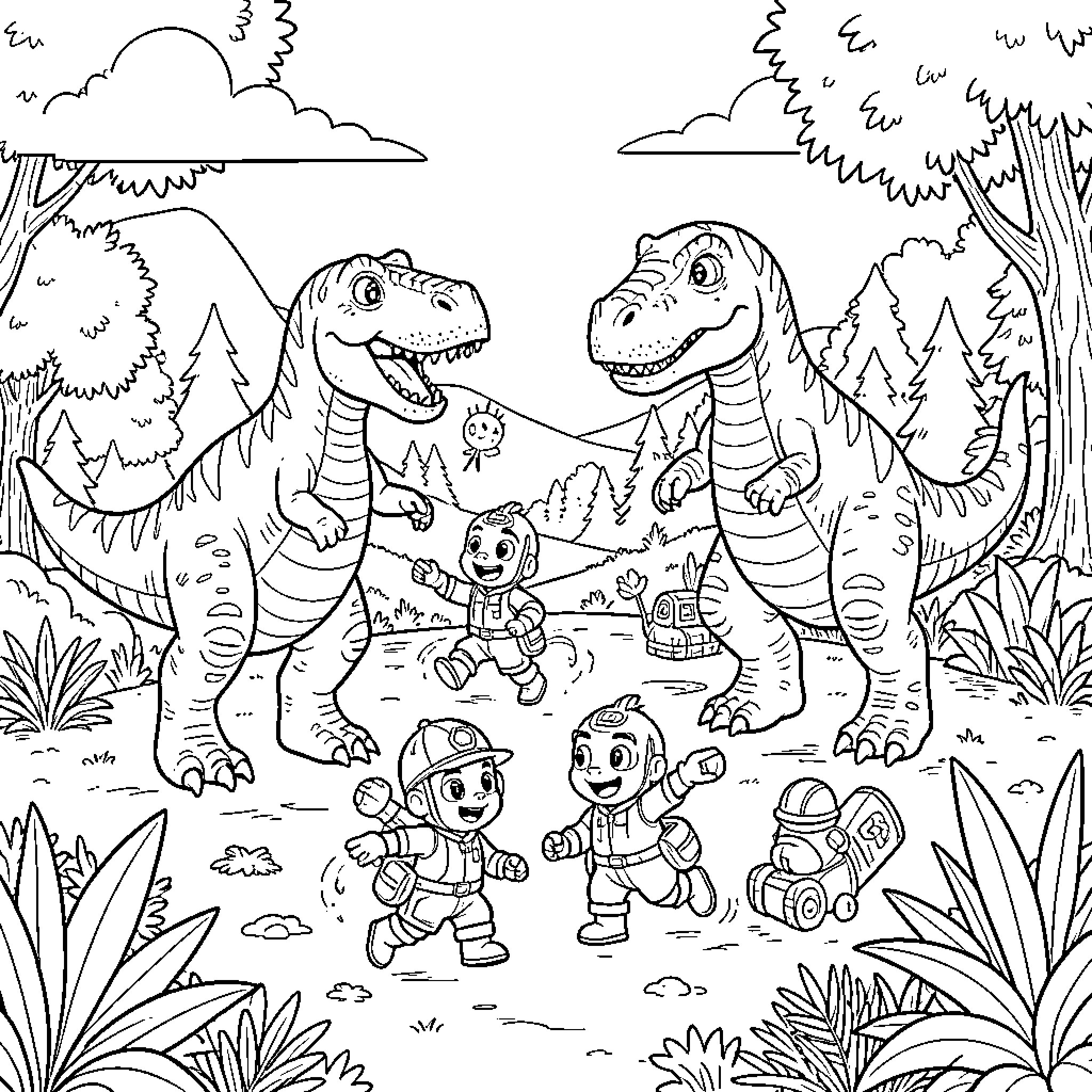 Dinosaur playing joyfully with happy children in nature Coloring Page (free black-and-white line drawing printable PDF for all, from beginners to advanced learners, including children, teens, adults, and seniors)