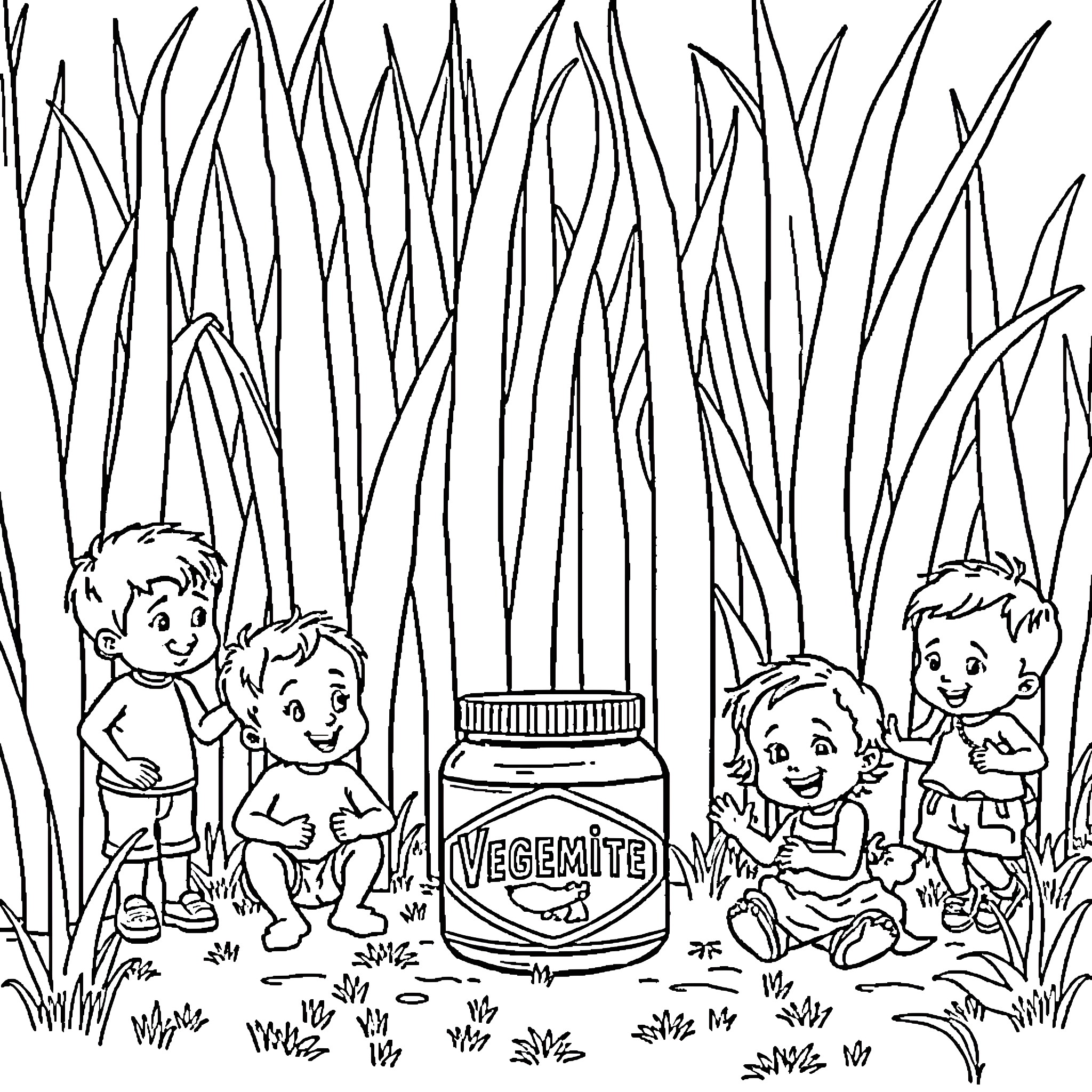 Vegemite Jar Discovered by Curious Children in Tall Grass Coloring Page (free black-and-white line drawing printable PDF for all, from beginners to advanced learners, including children, teens, adults, and seniors)