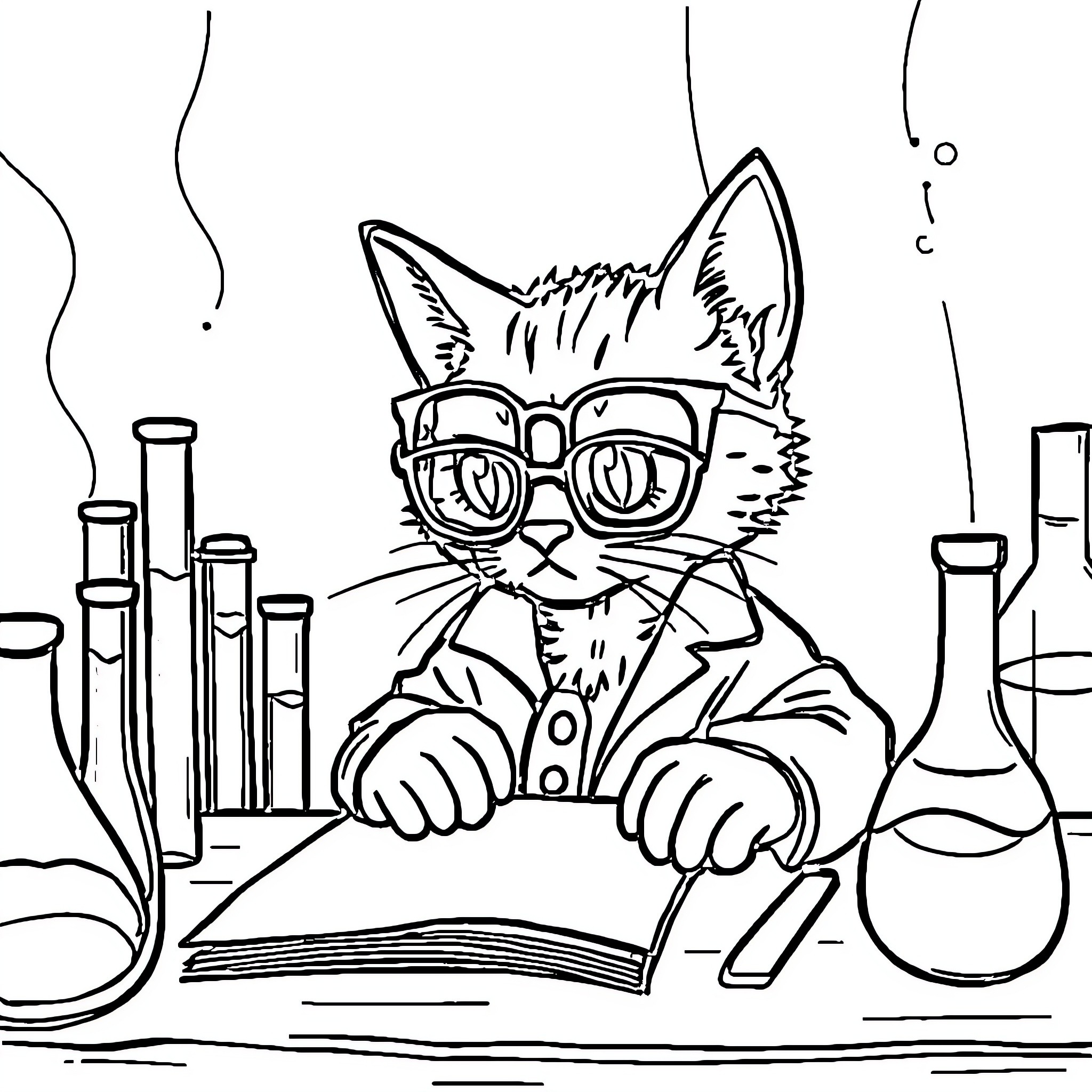 Cat in lab coat with scientific equipment Coloring Page (free black-and-white line drawing printable PDF for all, from beginners to advanced learners, including children, teens, adults, and seniors)
