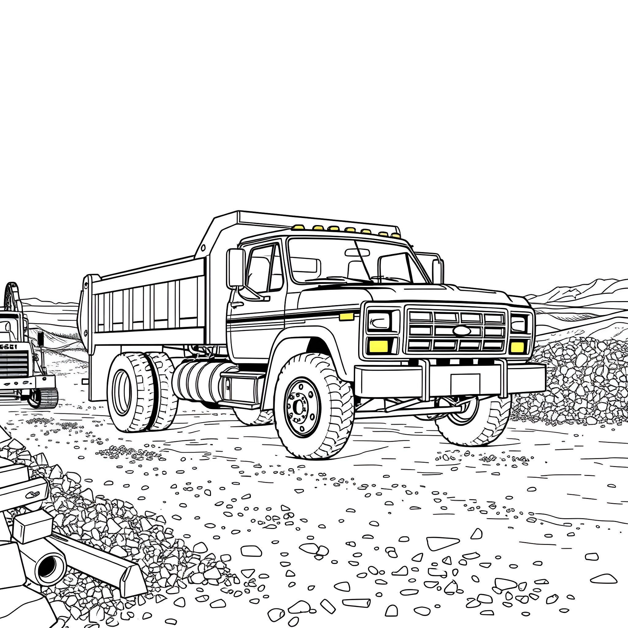Ford Heavy-Duty Truck Hauling Gravel on Construction Site Coloring Page (free black-and-white line drawing printable PDF for all, from beginners to advanced learners, including children, teens, adults, and seniors)