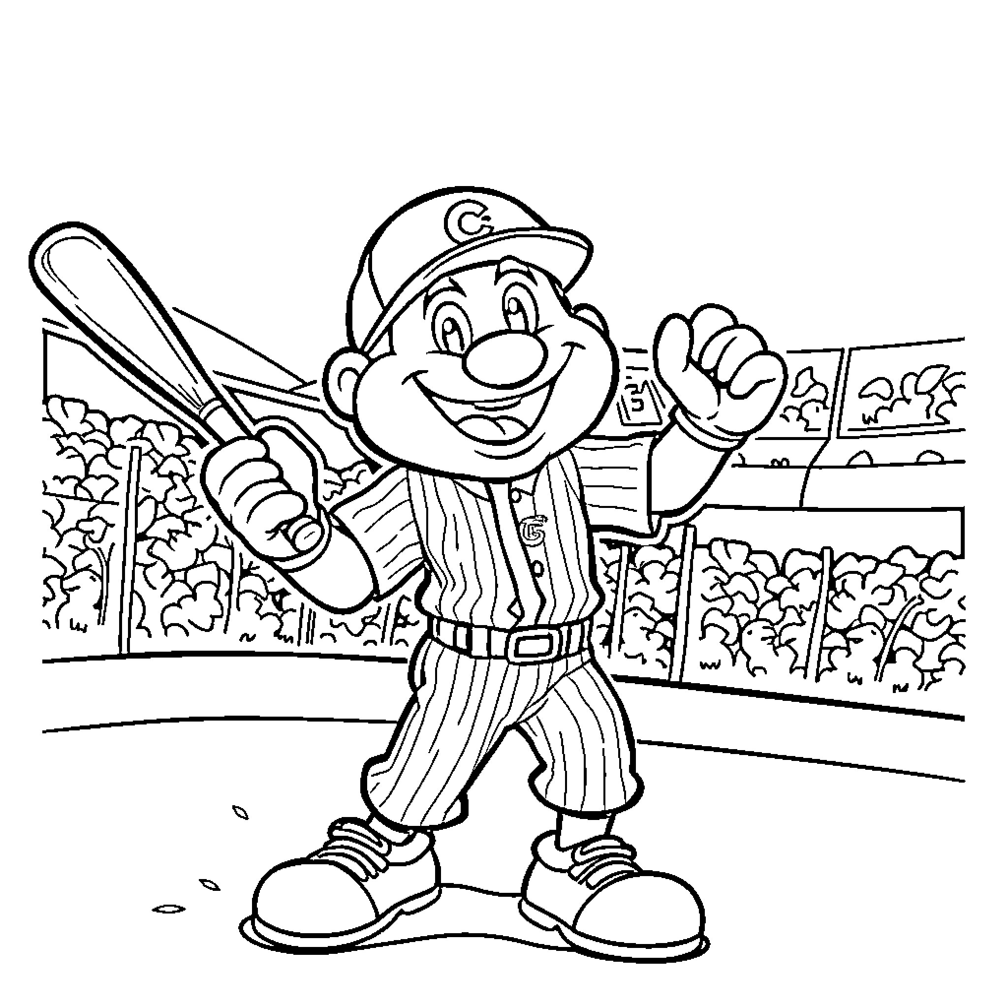 Cubs Mascot Celebrating and Cheering on the Field Coloring Page (free black-and-white line drawing printable PDF for all, from beginners to advanced learners, including children, teens, adults, and seniors)