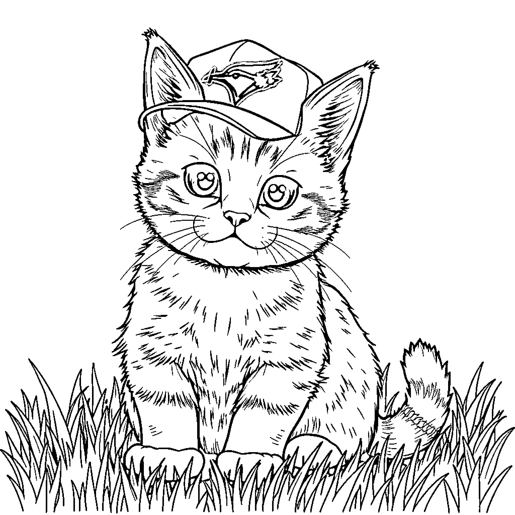 Cat in a cowboy hat sitting in tall grass Coloring Page (free black-and-white line drawing printable PDF for all, from beginners to advanced learners, including children, teens, adults, and seniors)