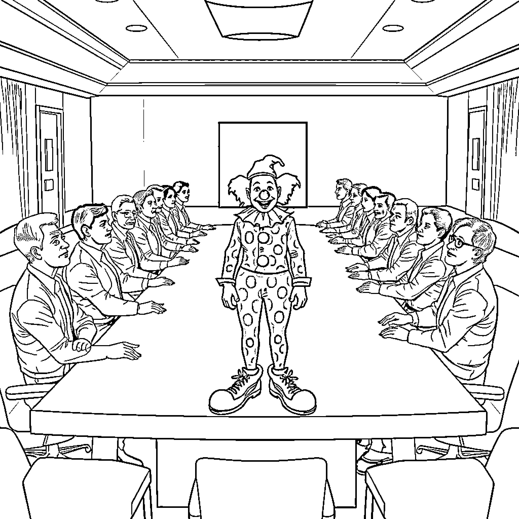 Clown entertaining a group of people in a conference room Coloring Page (free black-and-white line drawing printable PDF for all, from beginners to advanced learners, including children, teens, adults, and seniors)
