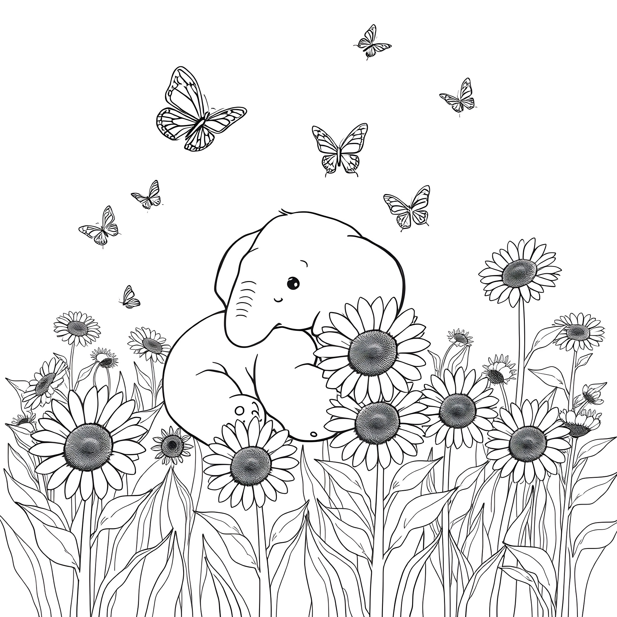 Elephant exploring among sunflowers and butterflies Coloring Page (free black-and-white line drawing printable PDF for all, from beginners to advanced learners, including children, teens, adults, and seniors)