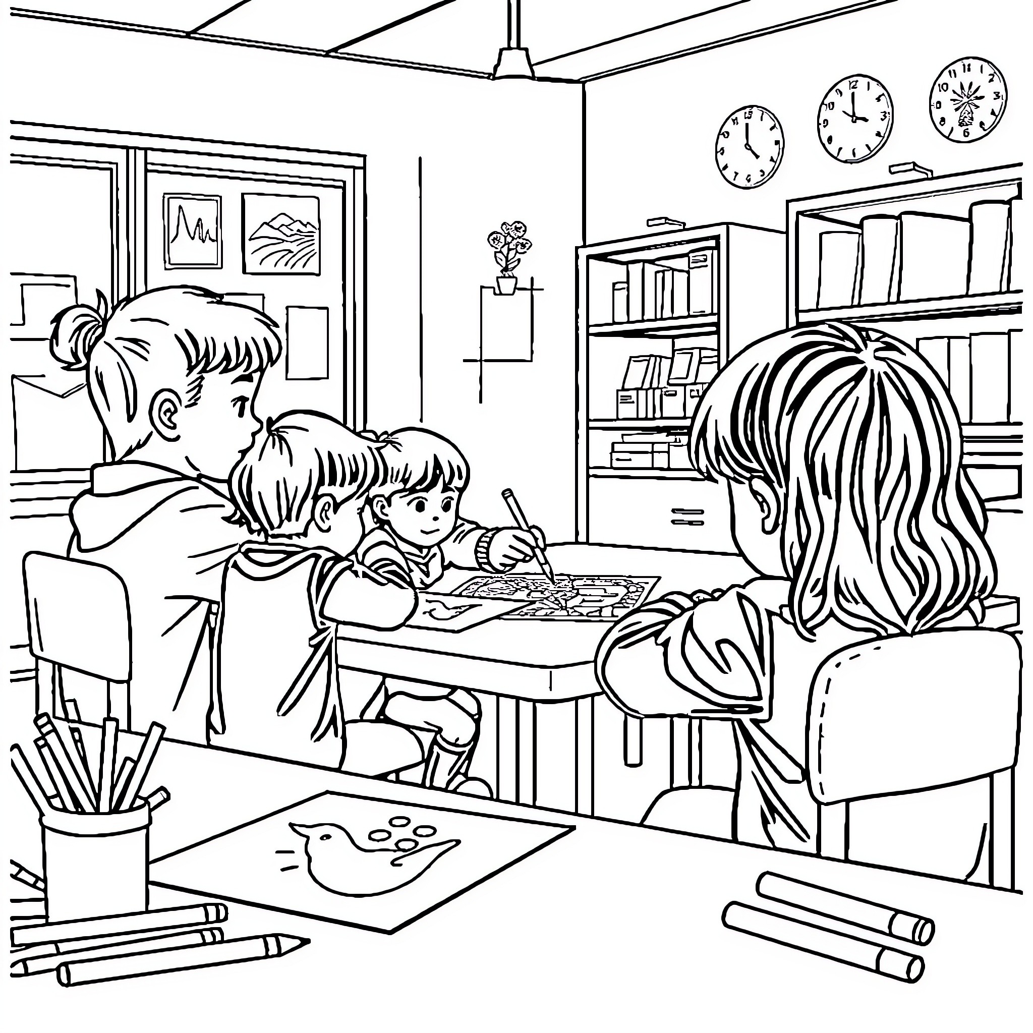 Self Care: Family Bonding Through Creative Hobbies Coloring Page (free black-and-white line drawing printable PDF for all, from beginners to advanced learners, including children, teens, adults, and seniors)