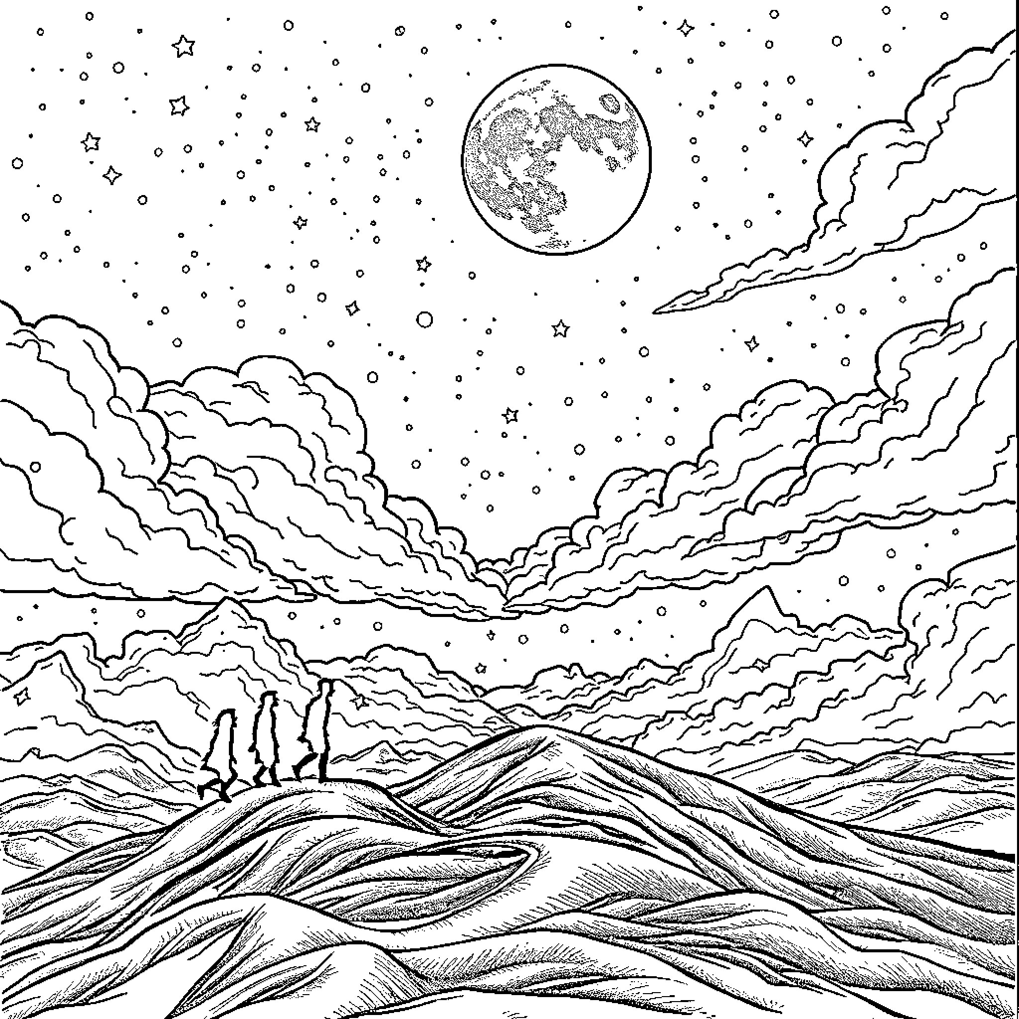Eevee exploring the starry night sky Coloring Page (free black-and-white line drawing printable PDF for all, from beginners to advanced learners, including children, teens, adults, and seniors)