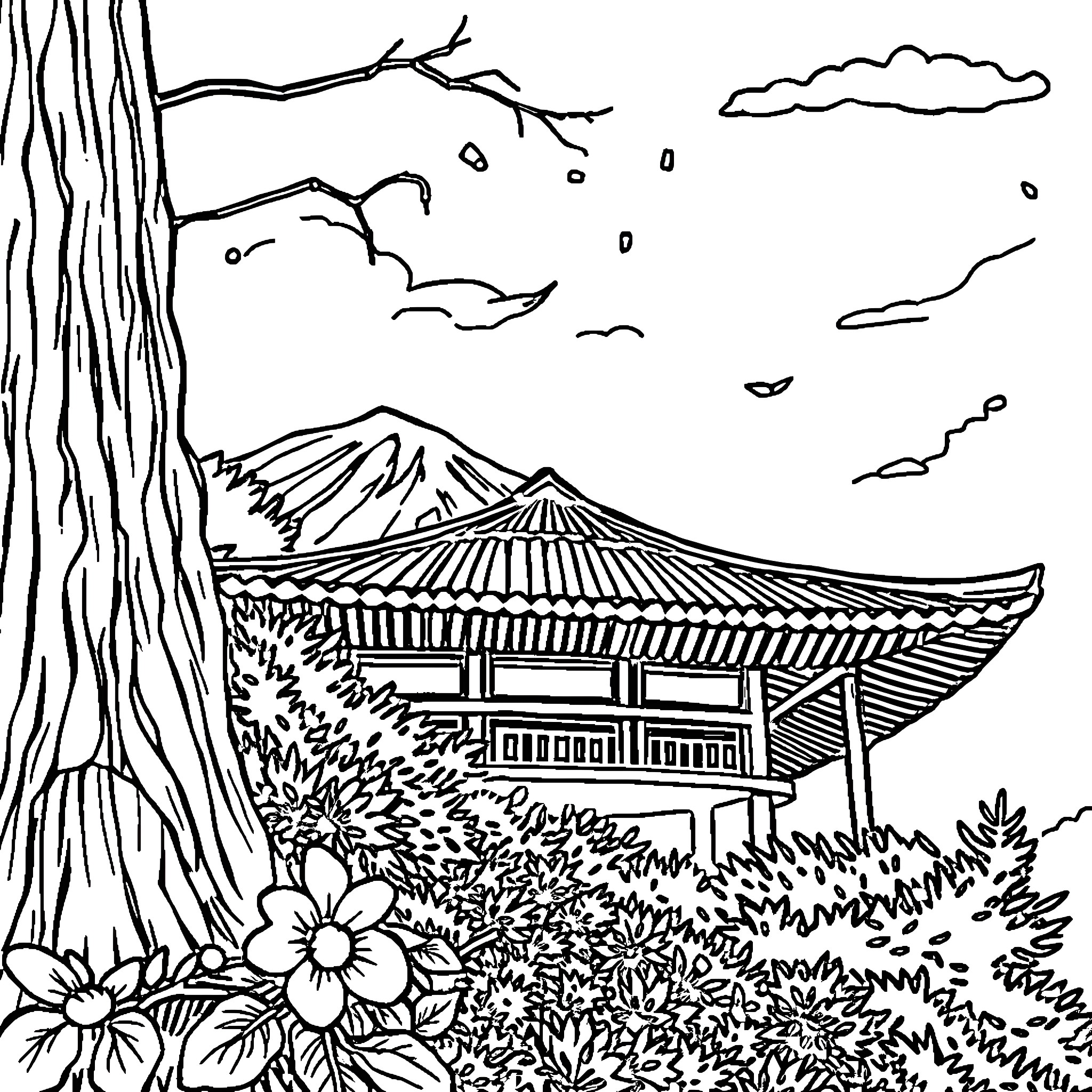 Rapunzel's Pavilion in the Enchanted Forest Coloring Page (free black-and-white line drawing printable PDF for all, from beginners to advanced learners, including children, teens, adults, and seniors)