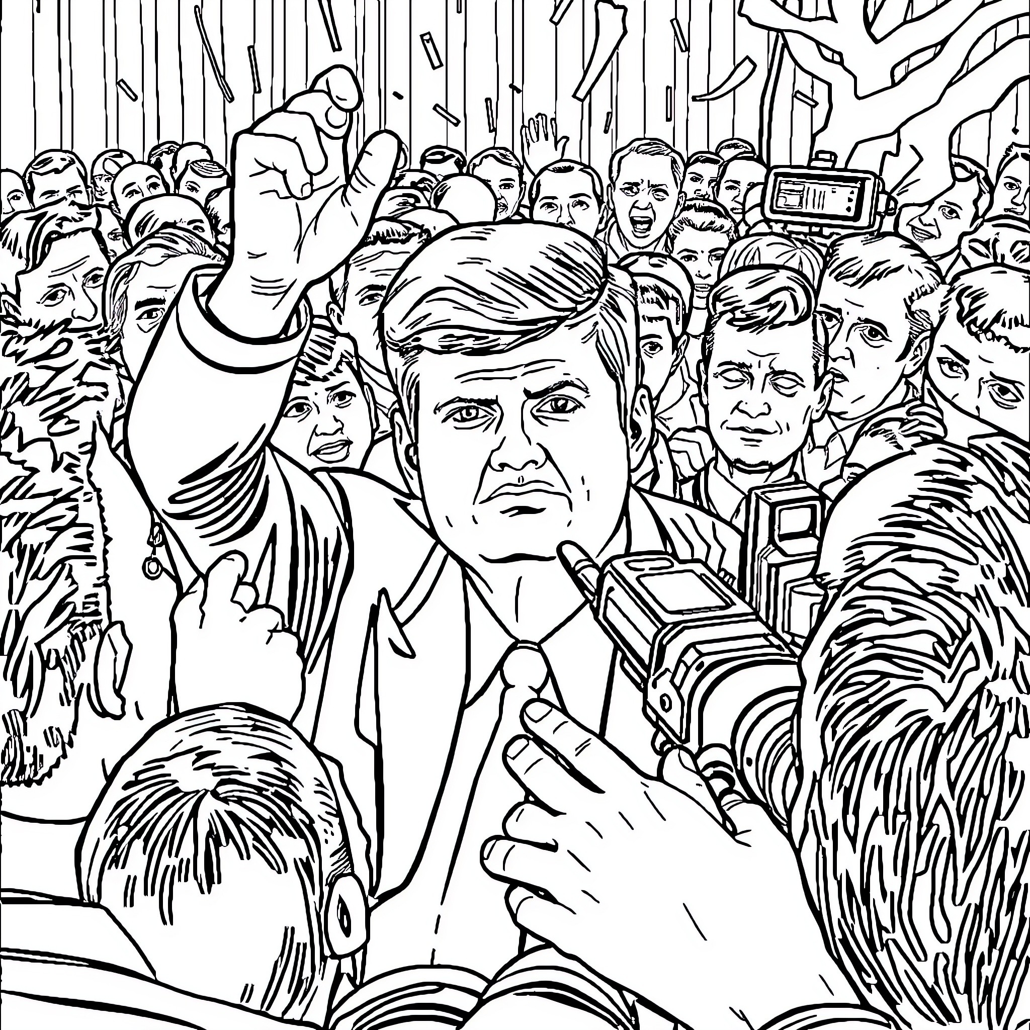 John Kennedy addressing a large crowd Coloring Page (free black-and-white line drawing printable PDF for all, from beginners to advanced learners, including children, teens, adults, and seniors)