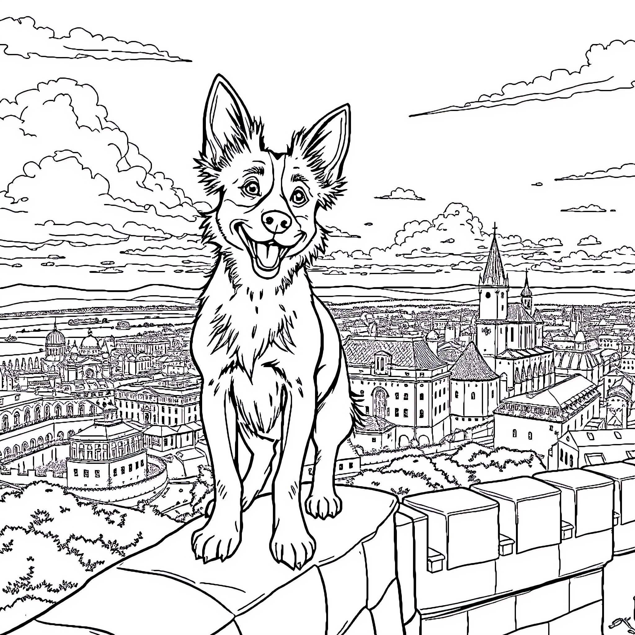 Dog sitting atop a cityscape with architectural landmarks Coloring Page (free black-and-white line drawing printable PDF for all, from beginners to advanced learners, including children, teens, adults, and seniors)