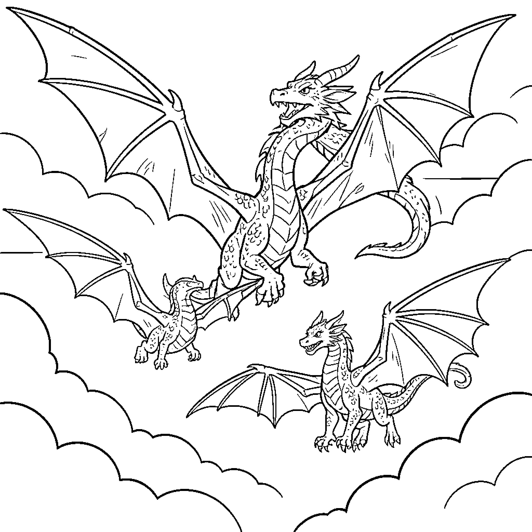 Dragon family flying gracefully through the clouds Coloring Page (free black-and-white line drawing printable PDF for all, from beginners to advanced learners, including children, teens, adults, and seniors)