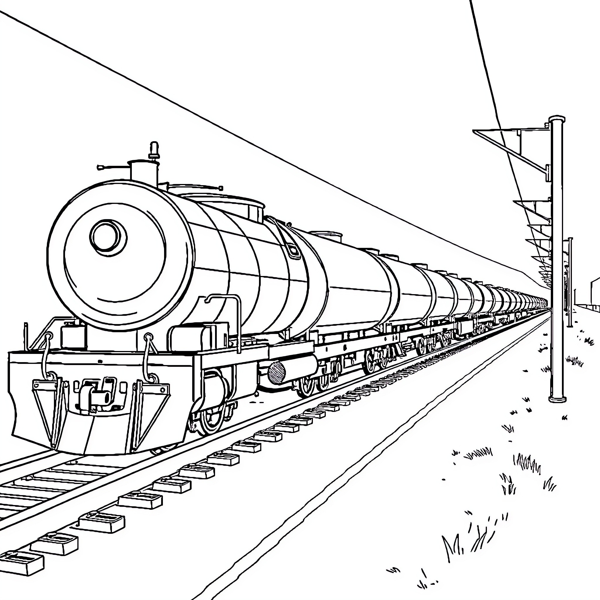 Train transporting industrial equipment along railway Coloring Page (free black-and-white line drawing printable PDF for all, from beginners to advanced learners, including children, teens, adults, and seniors)