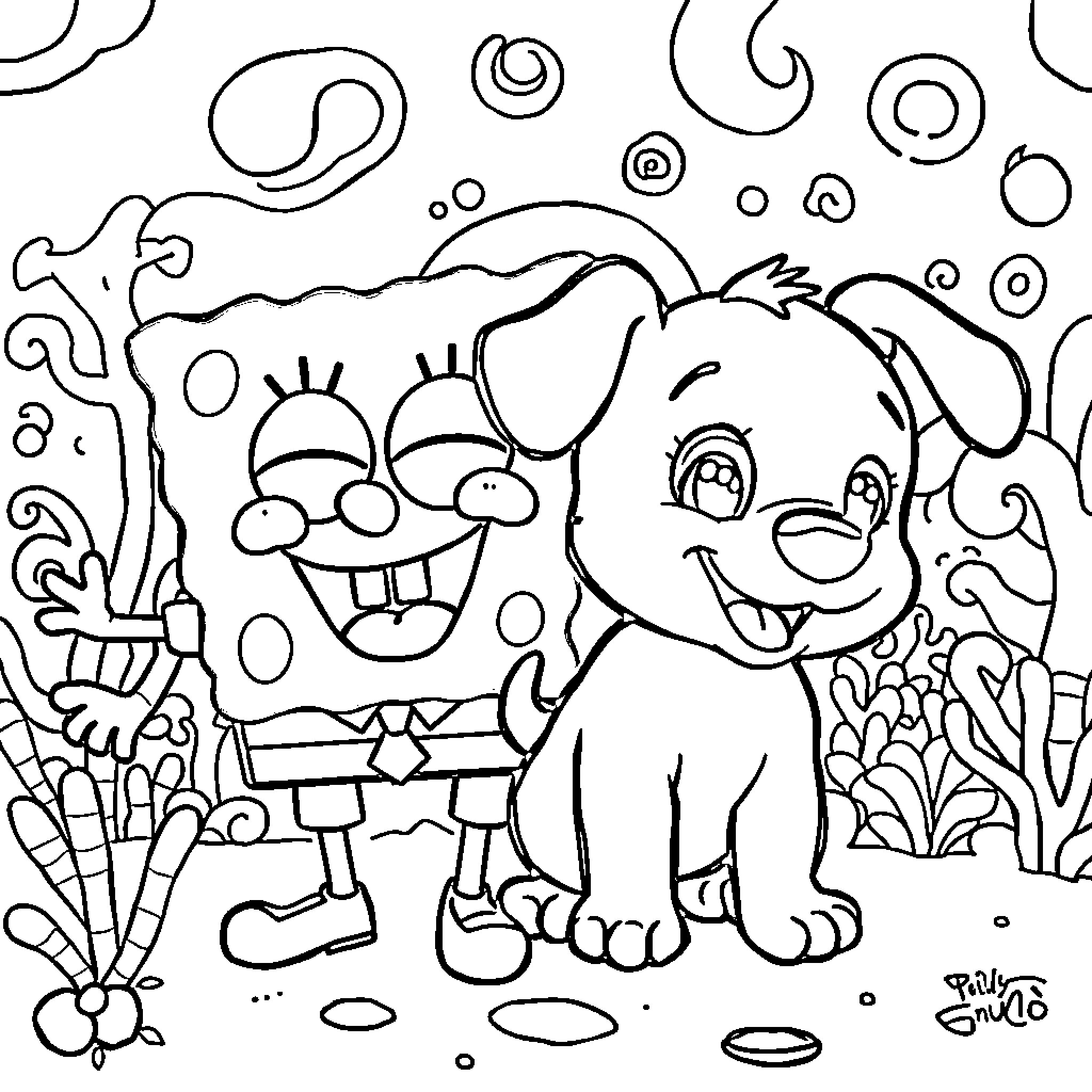 Bluey and SpongeBob having a fun adventure together Coloring Page (free black-and-white line drawing printable PDF for all, from beginners to advanced learners, including children, teens, adults, and seniors)