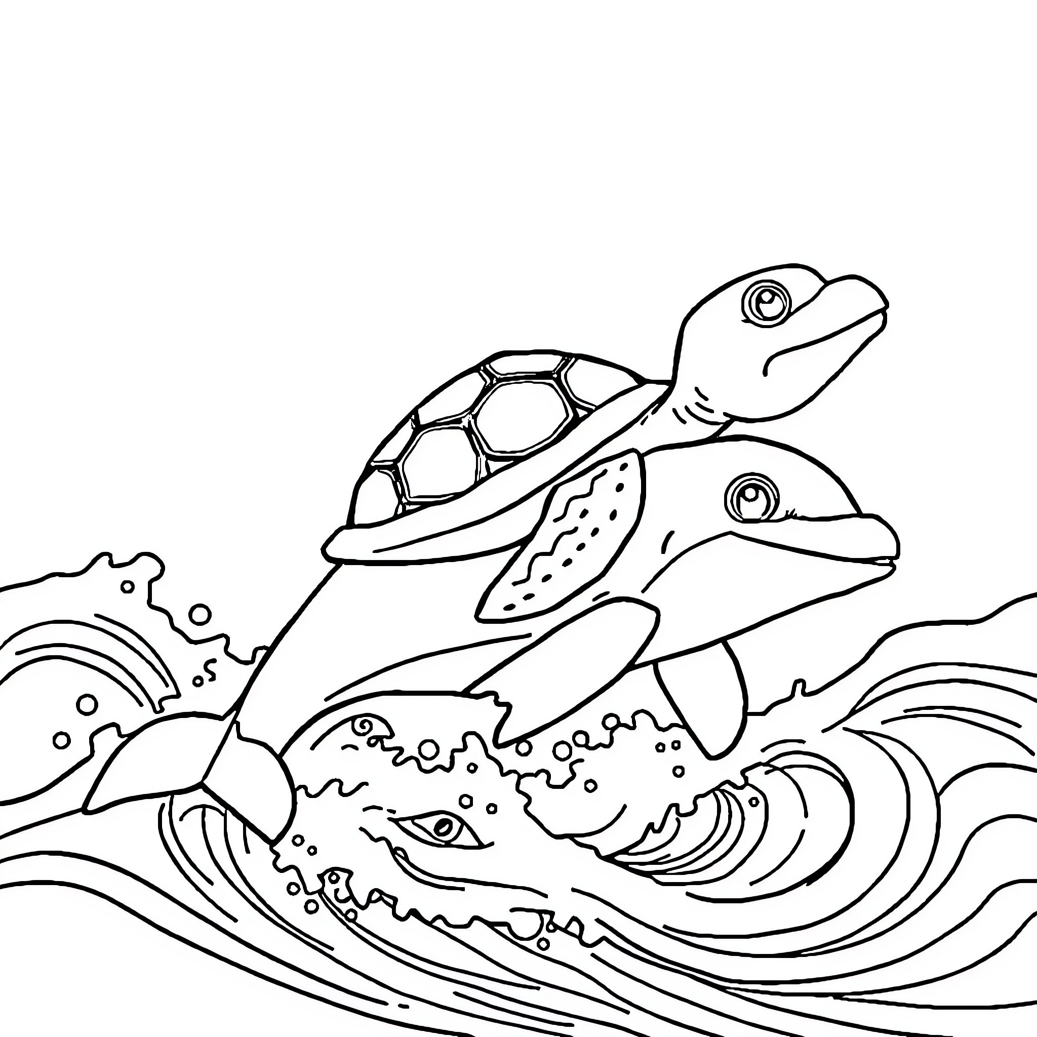 Turtle swimming in the ocean waves Coloring Page (free black-and-white line drawing printable PDF for all, from beginners to advanced learners, including children, teens, adults, and seniors)