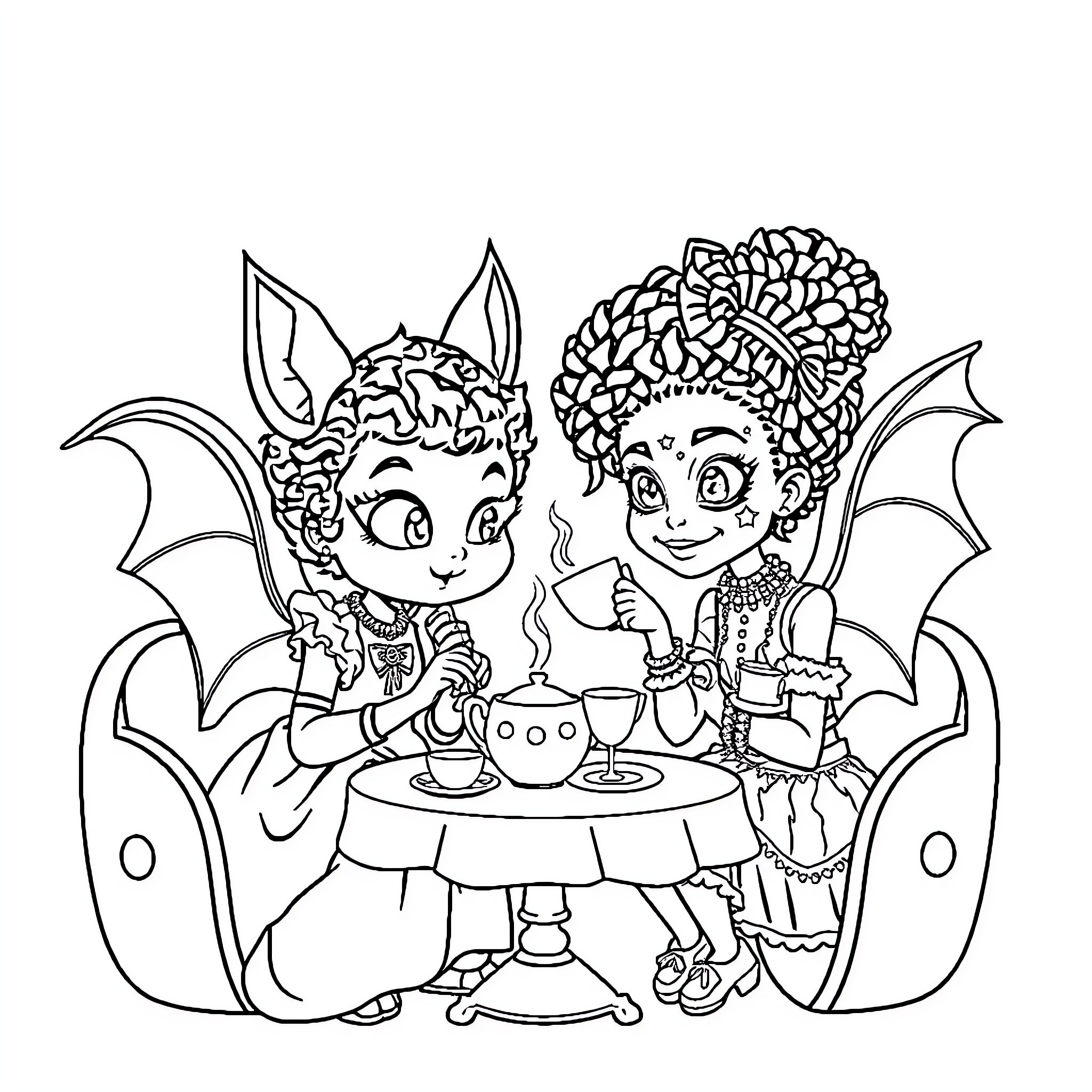 Bat Girl's Tea Party with Bat Companion Coloring Page (free black-and-white line drawing printable PDF for all, from beginners to advanced learners, including children, teens, adults, and seniors)