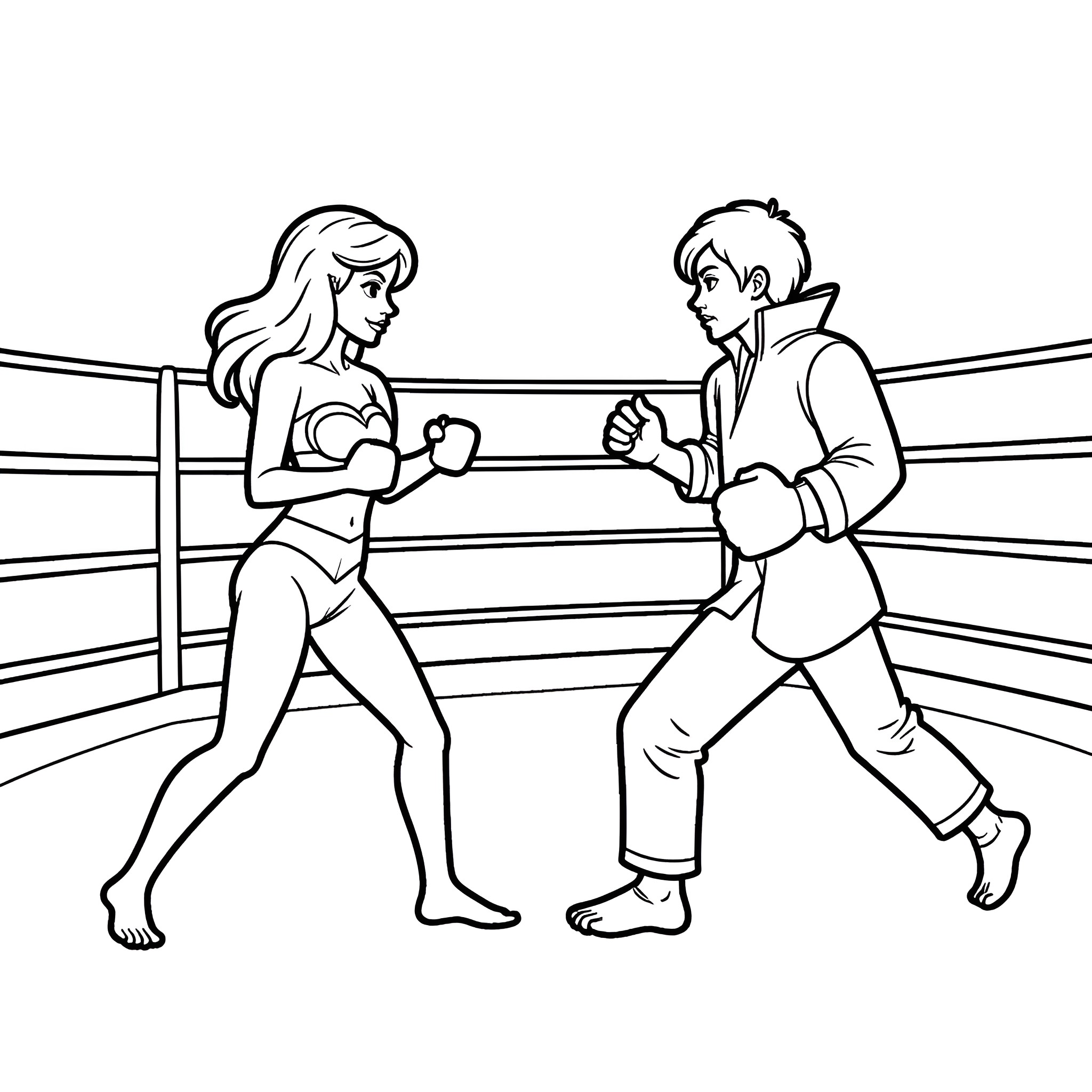 Ariel's Boxing Match in the Ring Coloring Page (free black-and-white line drawing printable PDF for all, from beginners to advanced learners, including children, teens, adults, and seniors)