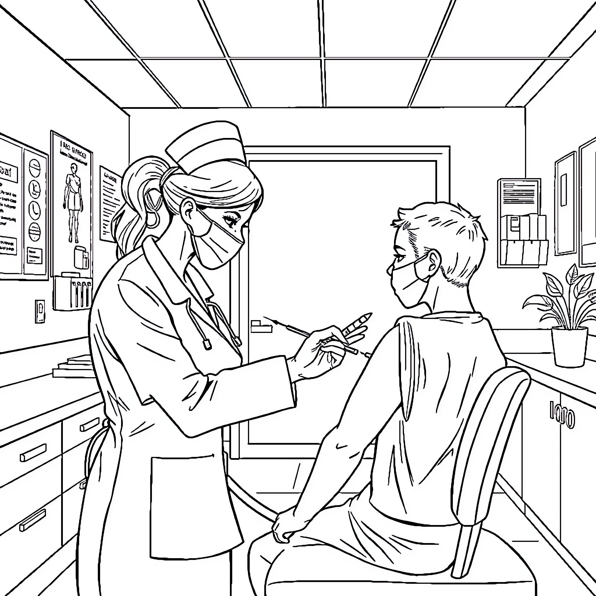 Nurse Examining and Caring for Patient in Hospital Coloring Page (free black-and-white line drawing printable PDF for all, from beginners to advanced learners, including children, teens, adults, and seniors)