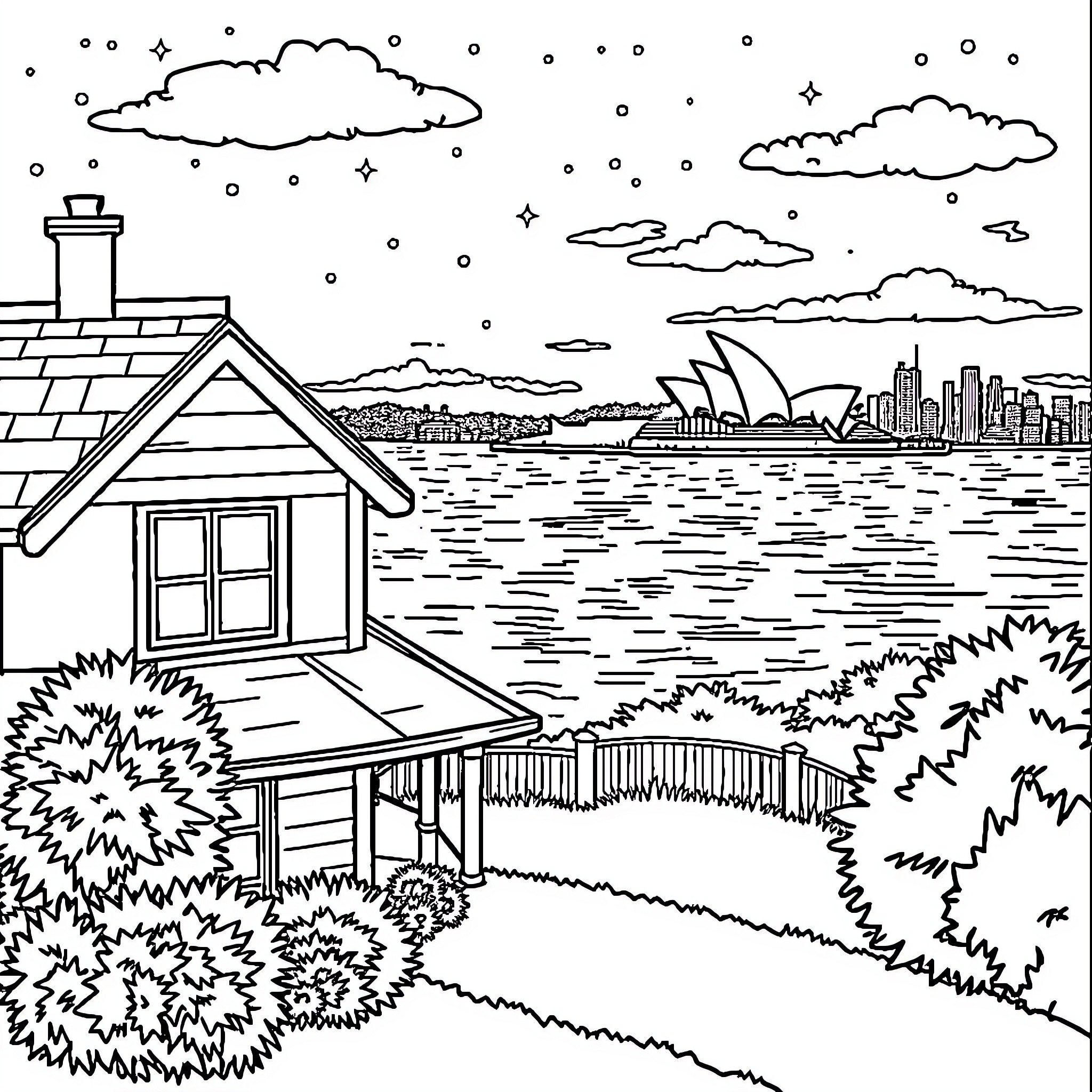House with Scenic View of City Skyline Coloring Page (free black-and-white line drawing printable PDF for all, from beginners to advanced learners, including children, teens, adults, and seniors)