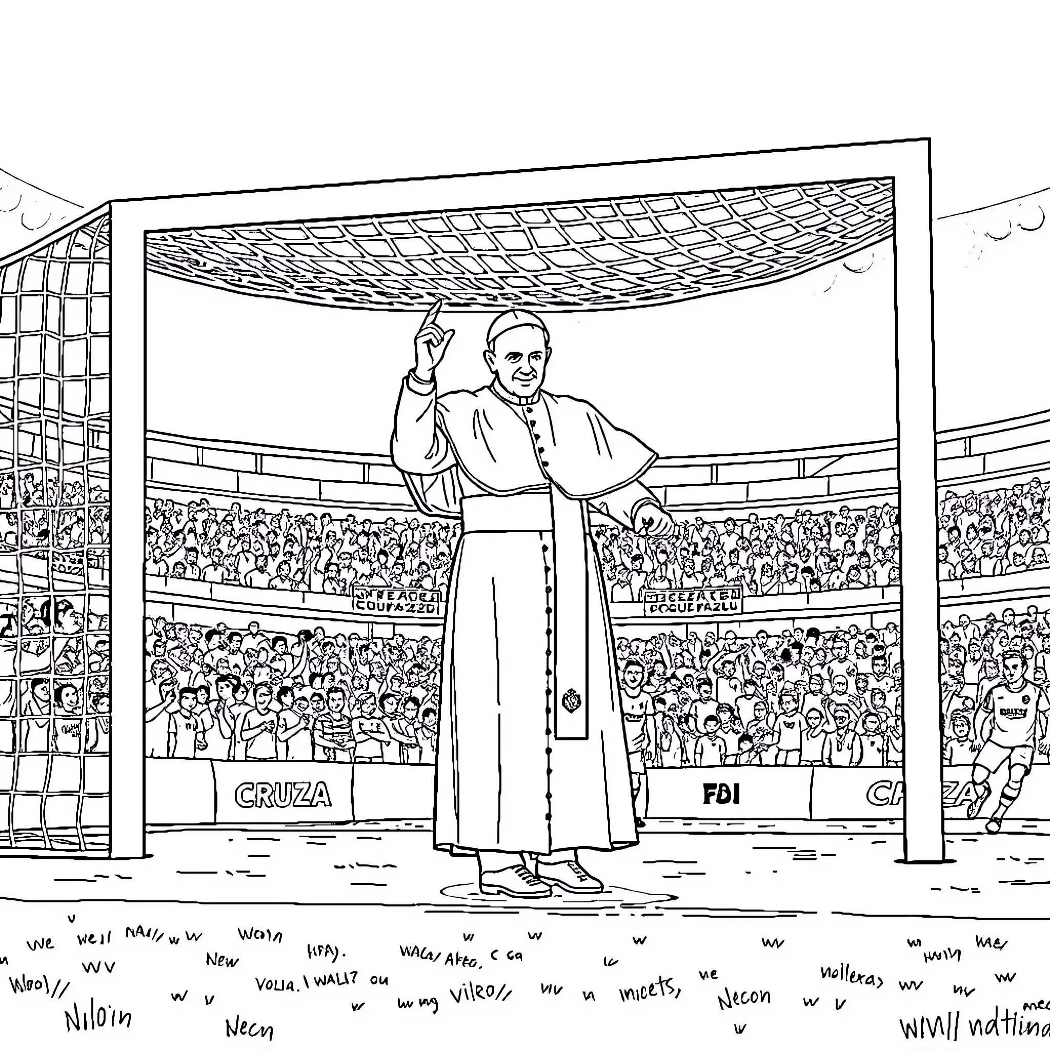 Pope addressing a large crowd in a stadium Coloring Page (free black-and-white line drawing printable PDF for all, from beginners to advanced learners, including children, teens, adults, and seniors)