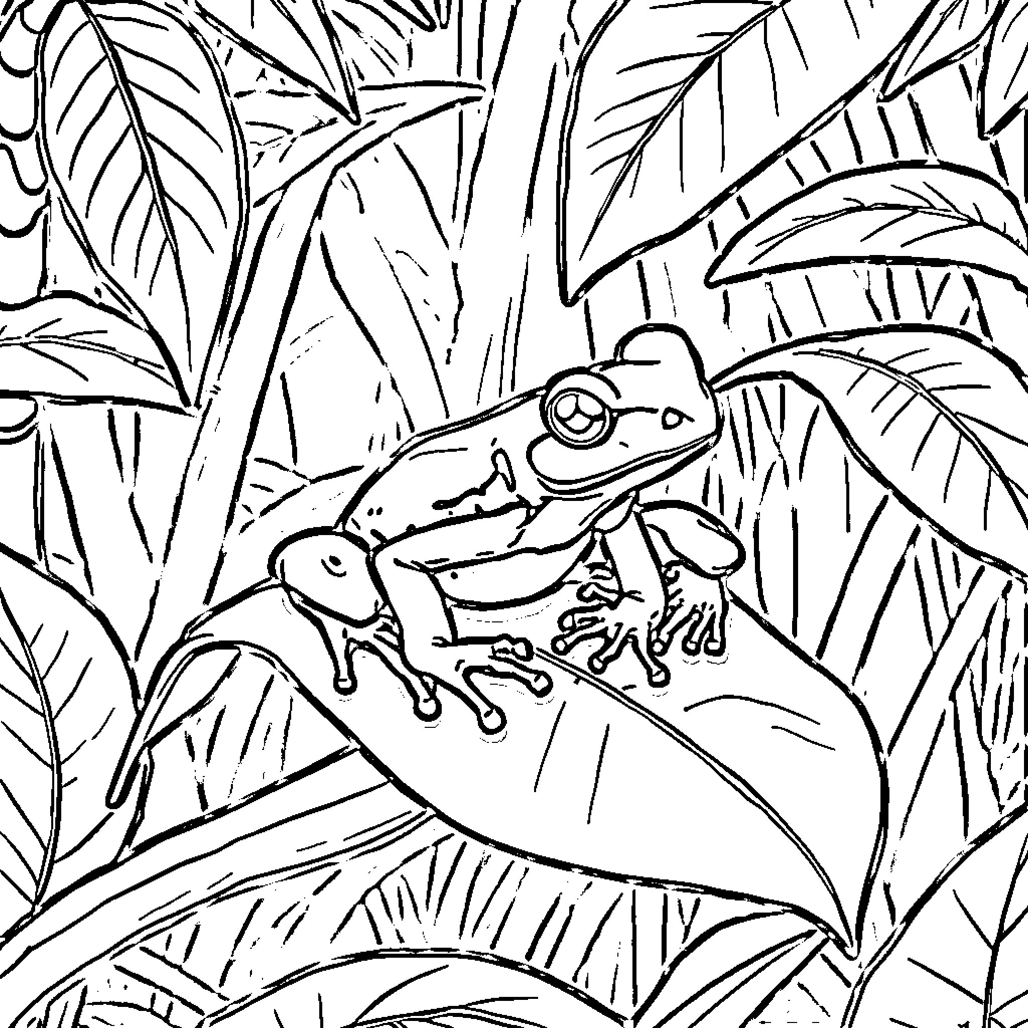 Coqui frog in tropical foliage Coloring Page (free black-and-white line drawing printable PDF for all, from beginners to advanced learners, including children, teens, adults, and seniors)