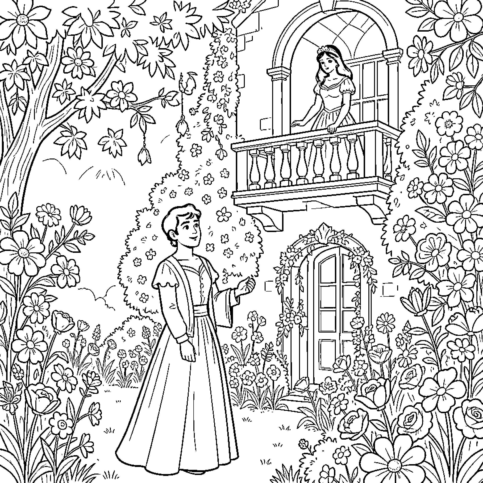Romeo and Juliet's Enchanted Garden Encounter Coloring Page (free black-and-white line drawing printable PDF for all, from beginners to advanced learners, including children, teens, adults, and seniors)