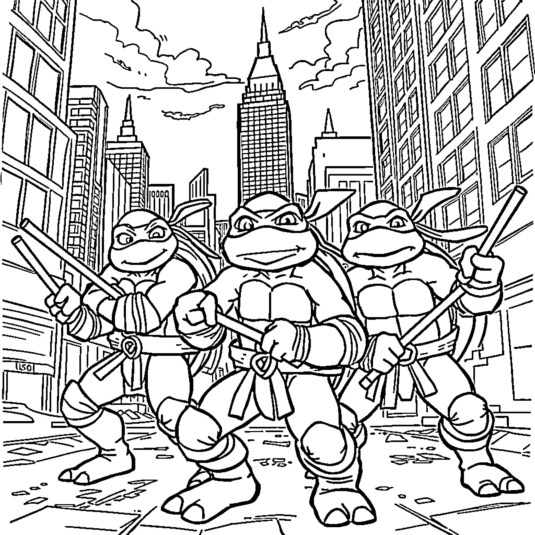 Teenage Mutant Ninja Turtles Explore the City Streets Coloring Page (free black-and-white line drawing printable PDF for all, from beginners to advanced learners, including children, teens, adults, and seniors)
