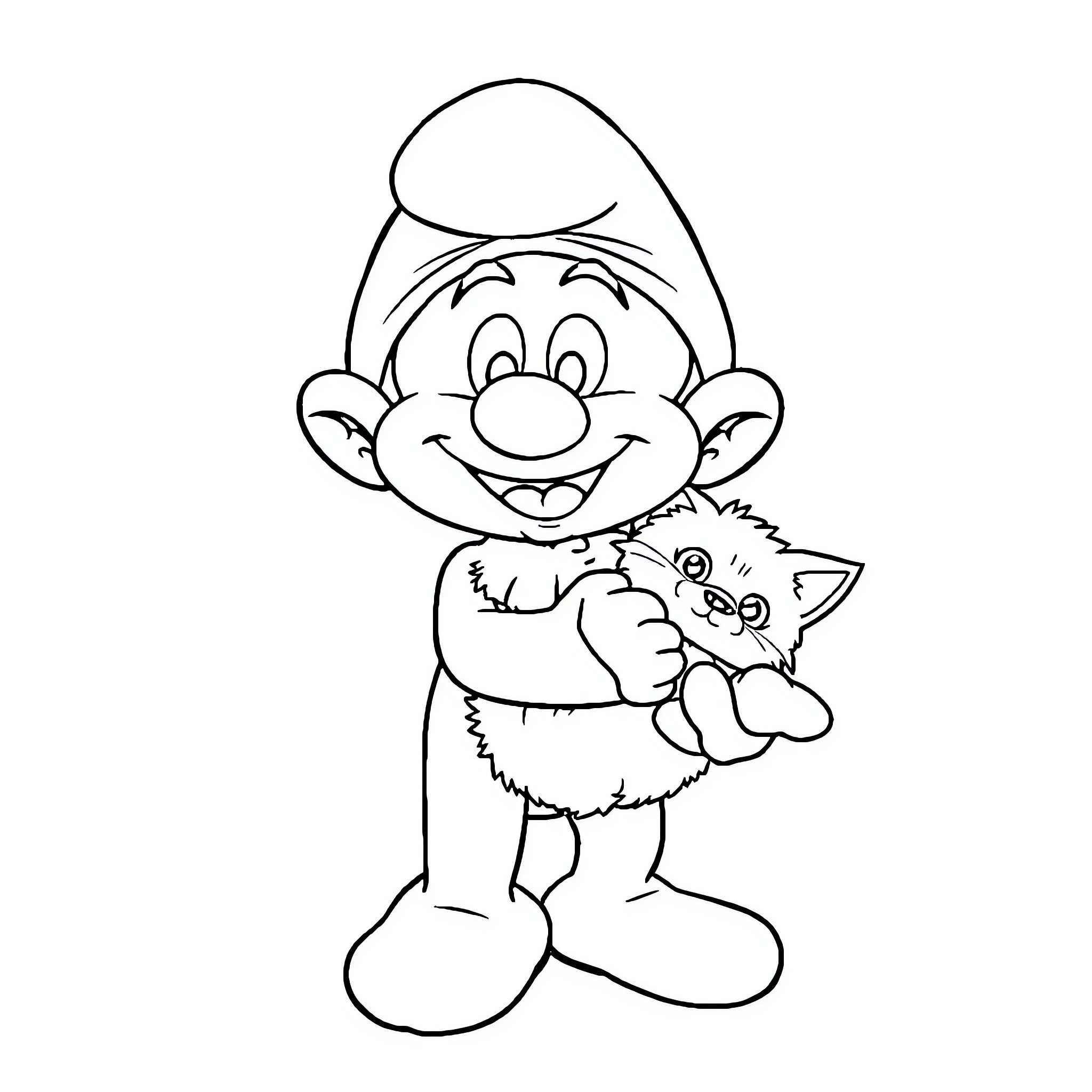Smurf holding a cute kitten Coloring Page (free black-and-white line drawing printable PDF for all, from beginners to advanced learners, including children, teens, adults, and seniors)