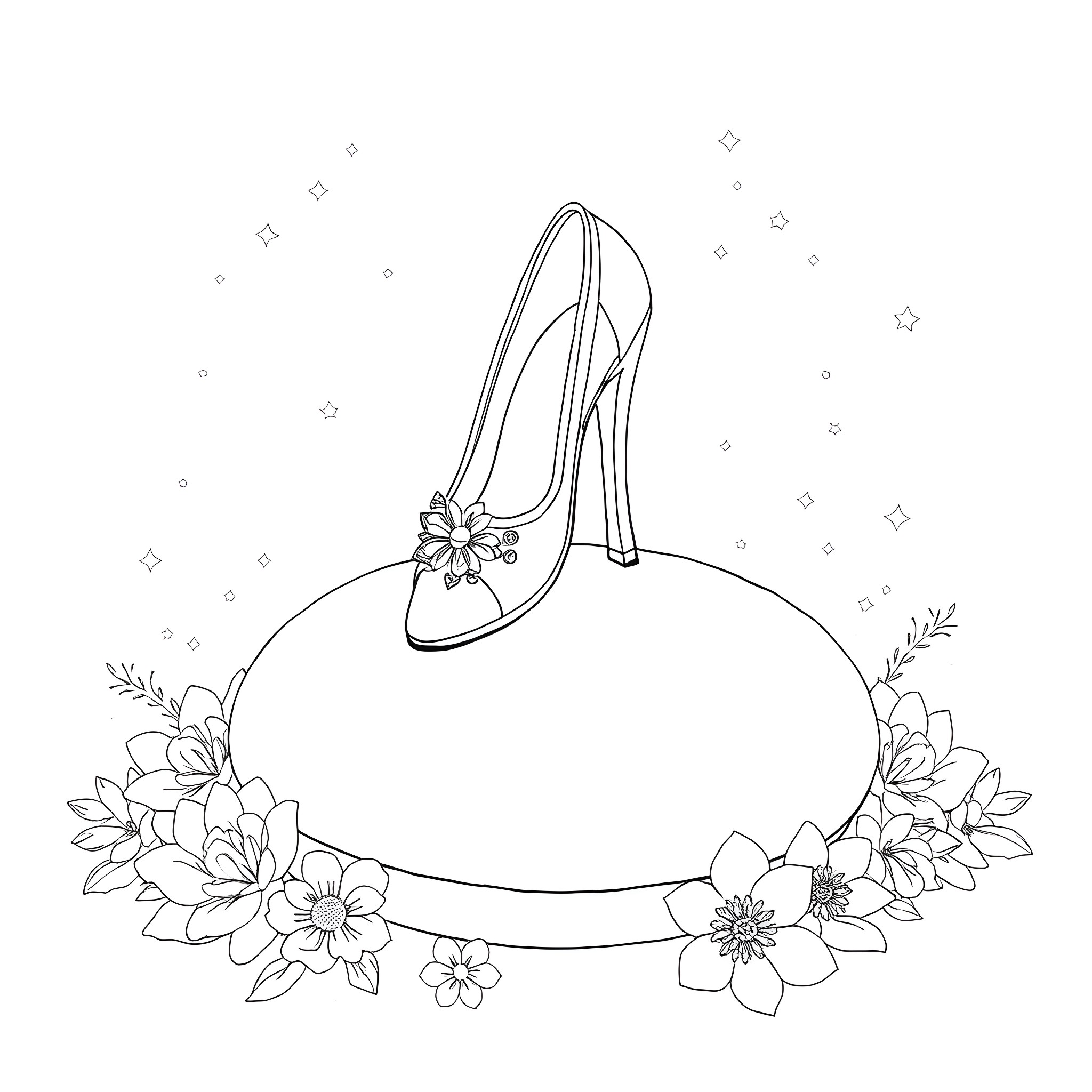 Cinderella's enchanted glass slipper with floral accents Coloring Page (free black-and-white line drawing printable PDF for all, from beginners to advanced learners, including children, teens, adults, and seniors)