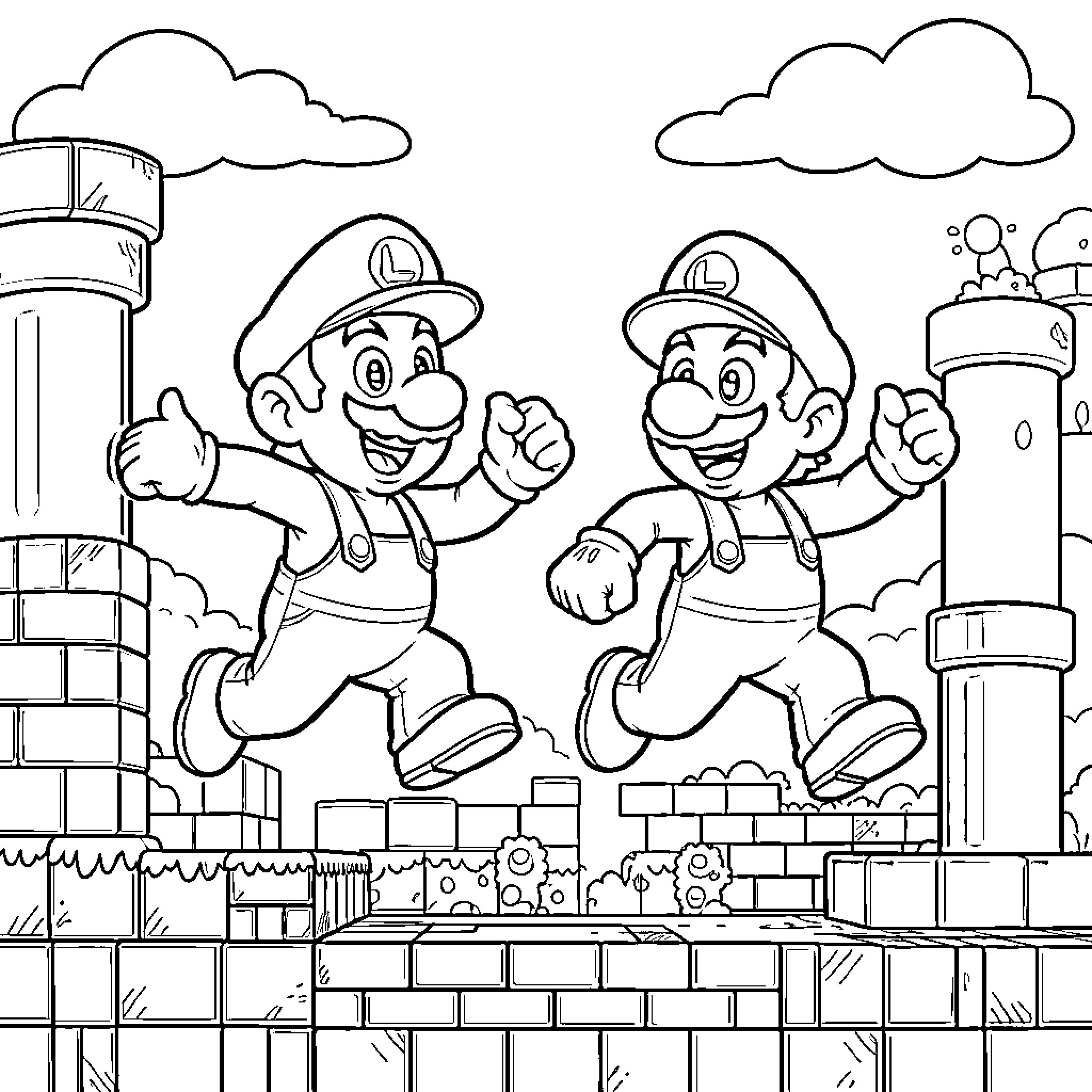 Mario Characters Joyfully Leaping in Construction Site Coloring Page (free black-and-white line drawing printable PDF for all, from beginners to advanced learners, including children, teens, adults, and seniors)