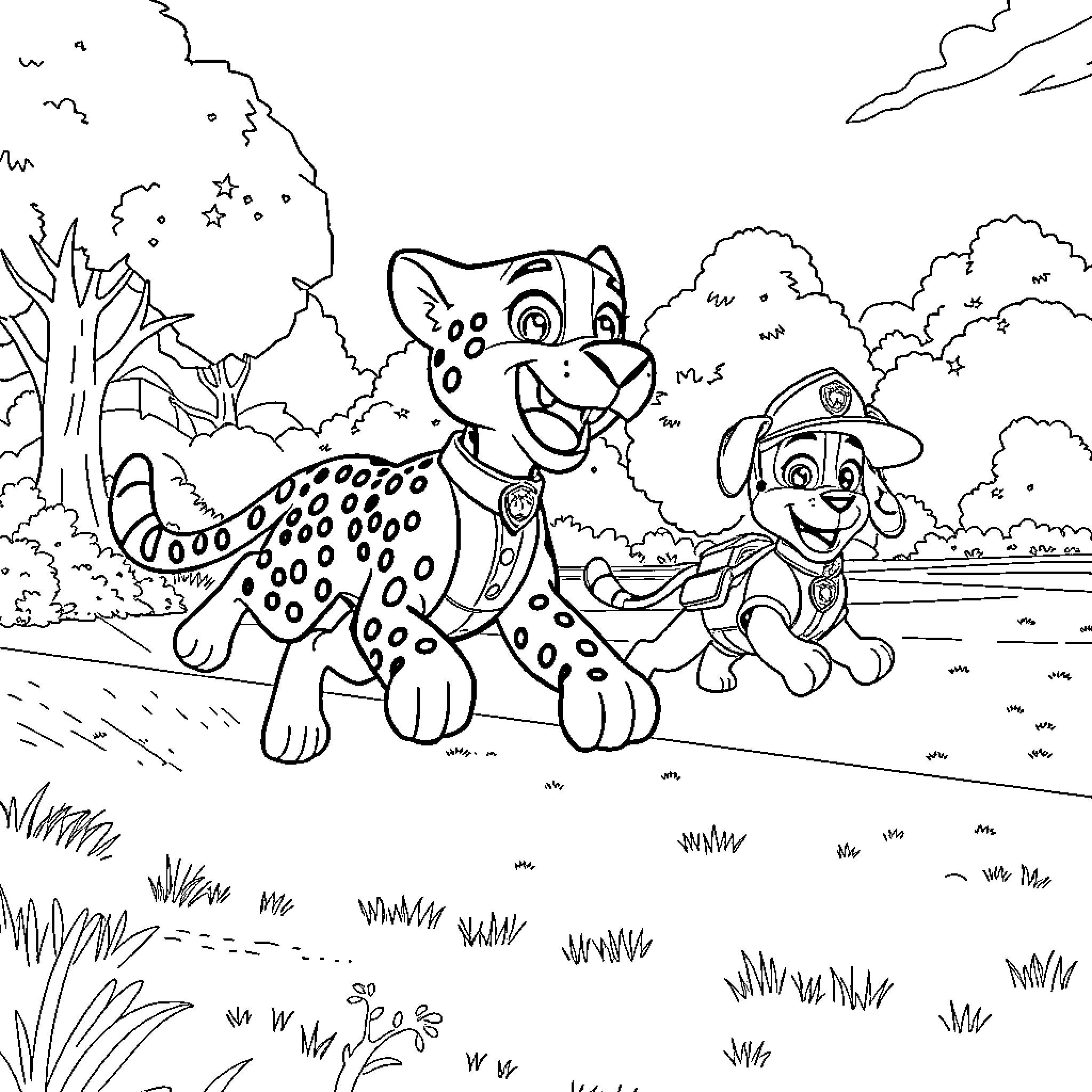 Cheetah and Puppy Exploring the Wilderness Coloring Page (free black-and-white line drawing printable PDF for all, from beginners to advanced learners, including children, teens, adults, and seniors)